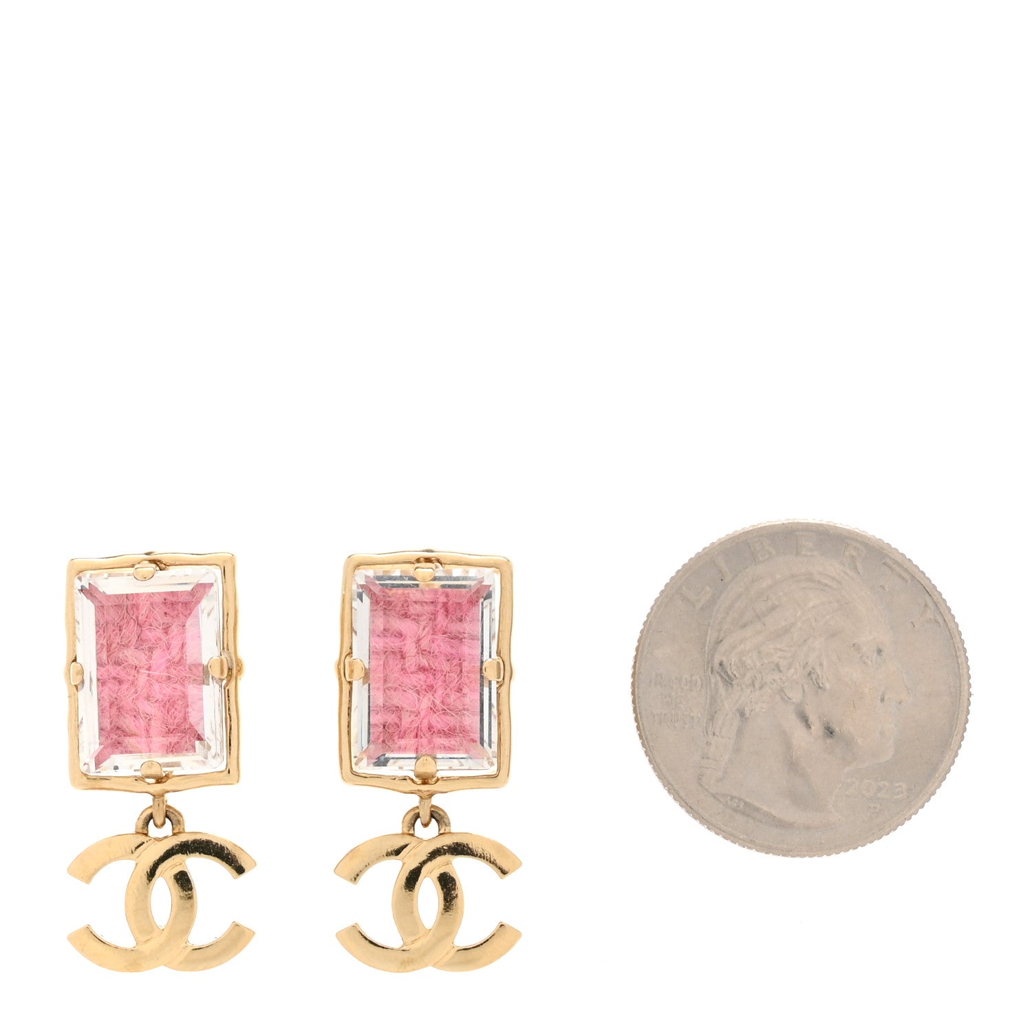 Chanel Crystal Tweed CC Drop Earrings Pink Gold 2 of 5