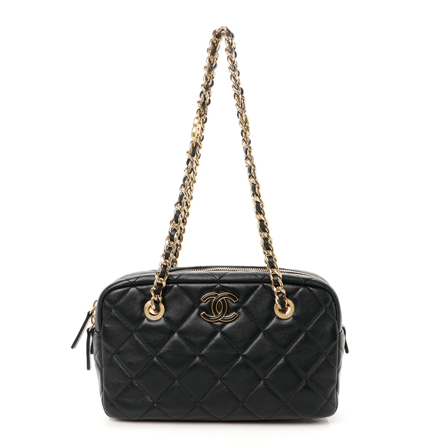 Lambskin Enamel Quilted CC Camera Case Black