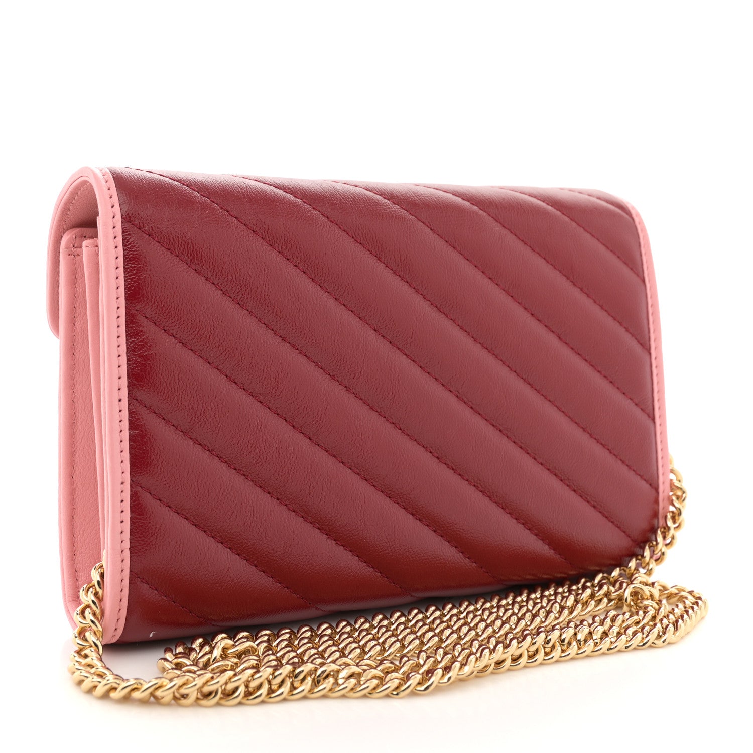 Gucci Azalea Calfskin Enamel Matelasse Diagonal Torchon GG Marmont Chain Wallet New Cherry Red Wild Rose 3 of 11