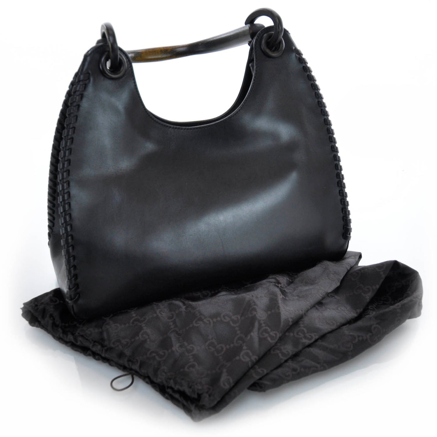 Leather Whipstitch Wooden Handle Shoulder Bag Black