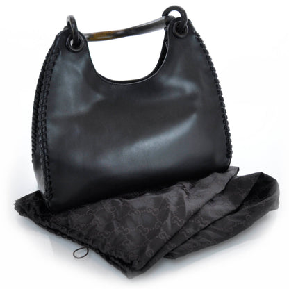Gucci Leather Whipstitch Wooden Handle Shoulder Bag Black 3 of 9