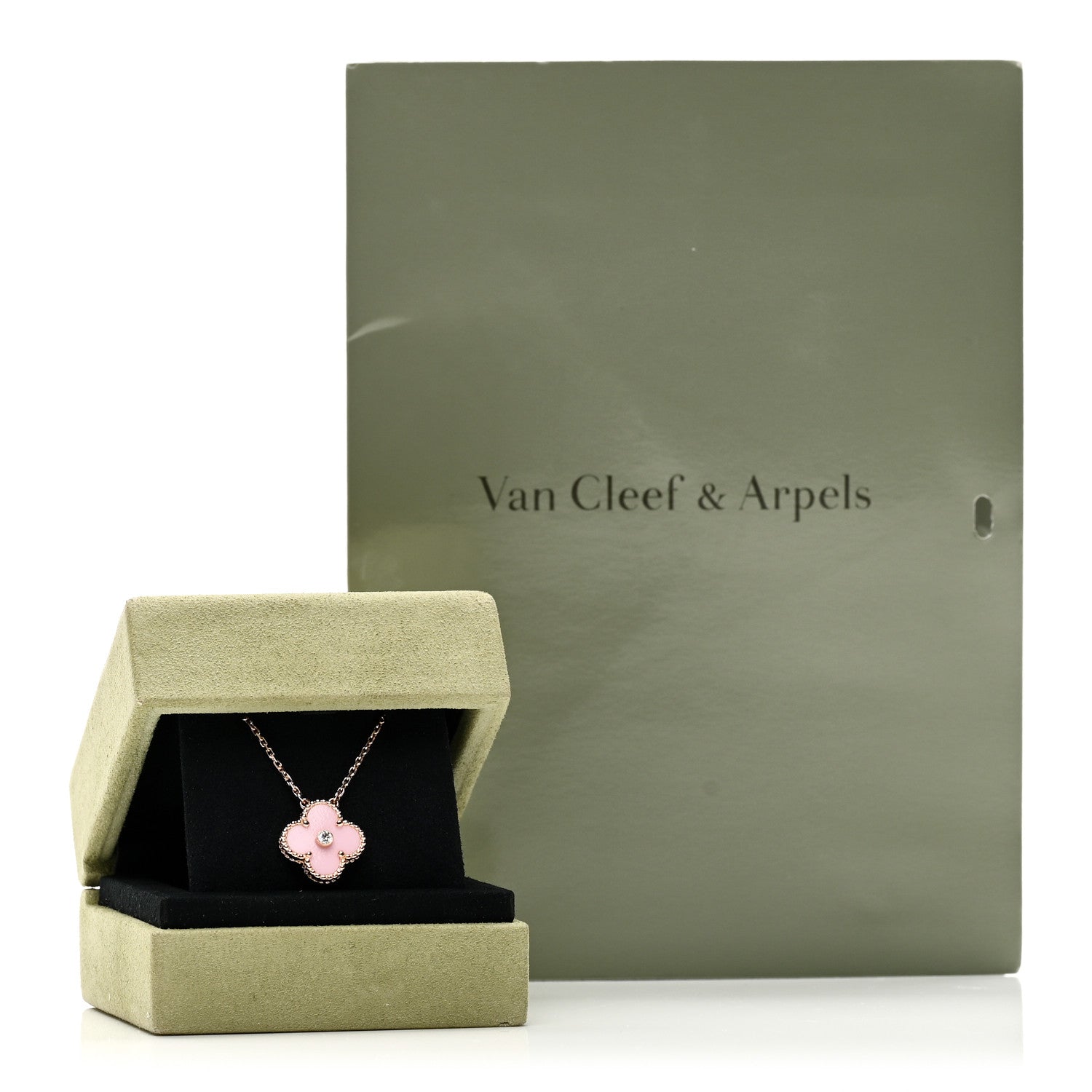 Van Cleef & Arpels 18K Rose Gold Diamond Pink Porcelain Vintage Alhambra Pendant Necklace 6 of 6