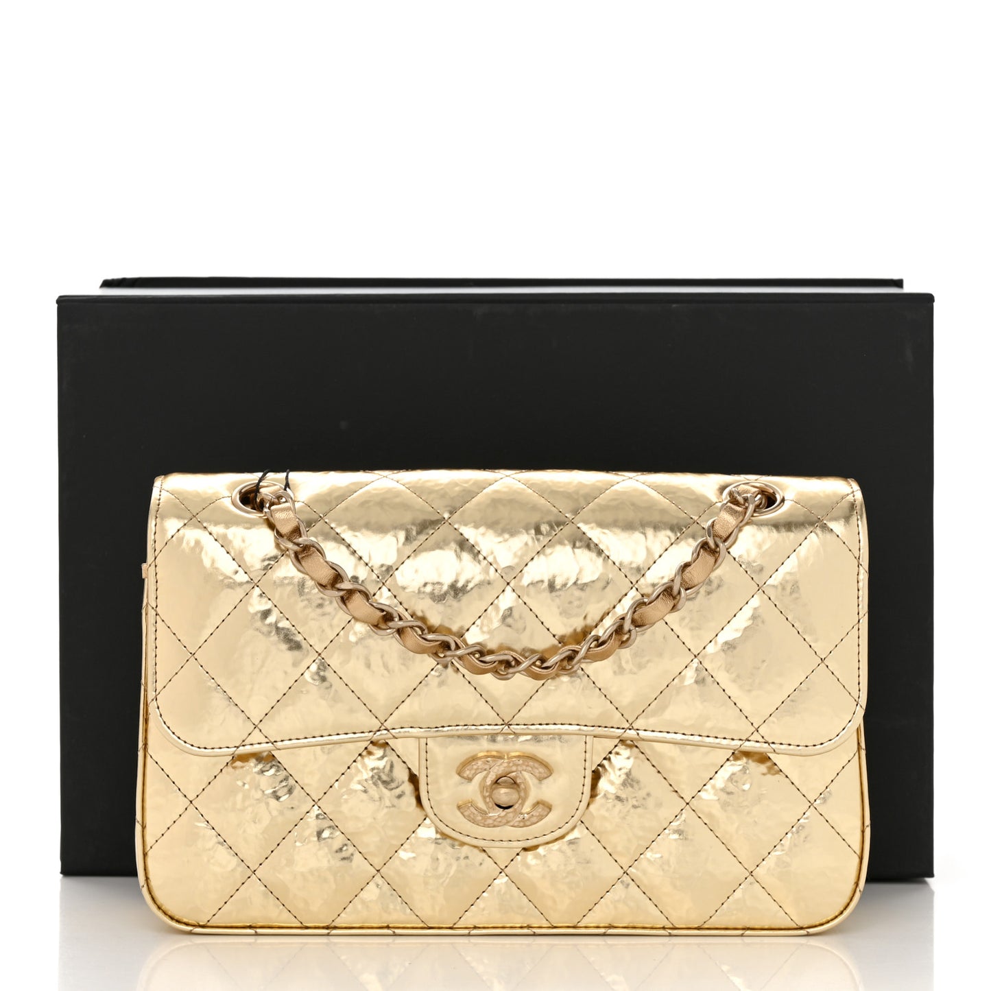 Hammered Metallic Calfskin Quilted Small Double Flap Gold