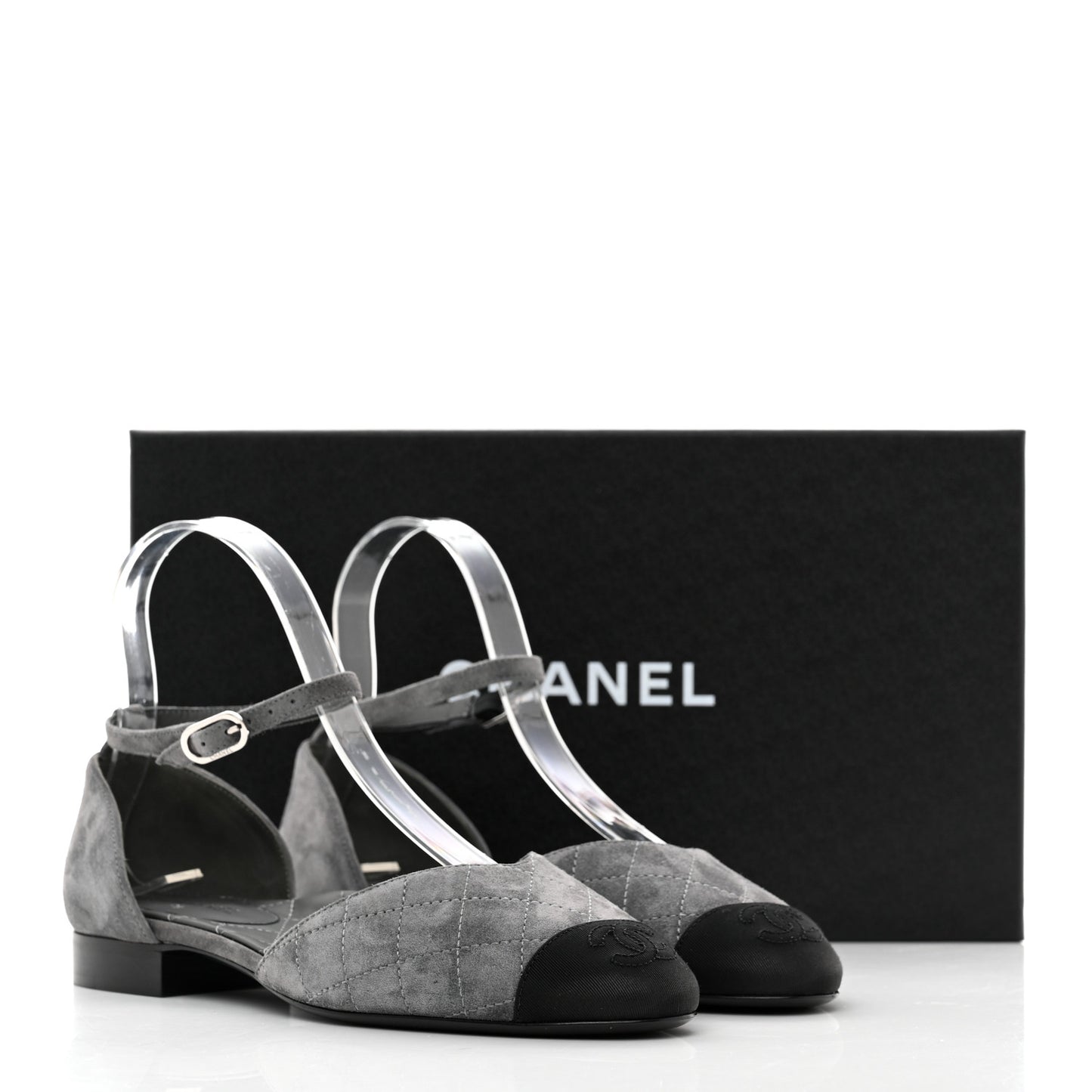 Suede Grosgrain Cap Toe CC Mary Jane Flats 37 Grey Black