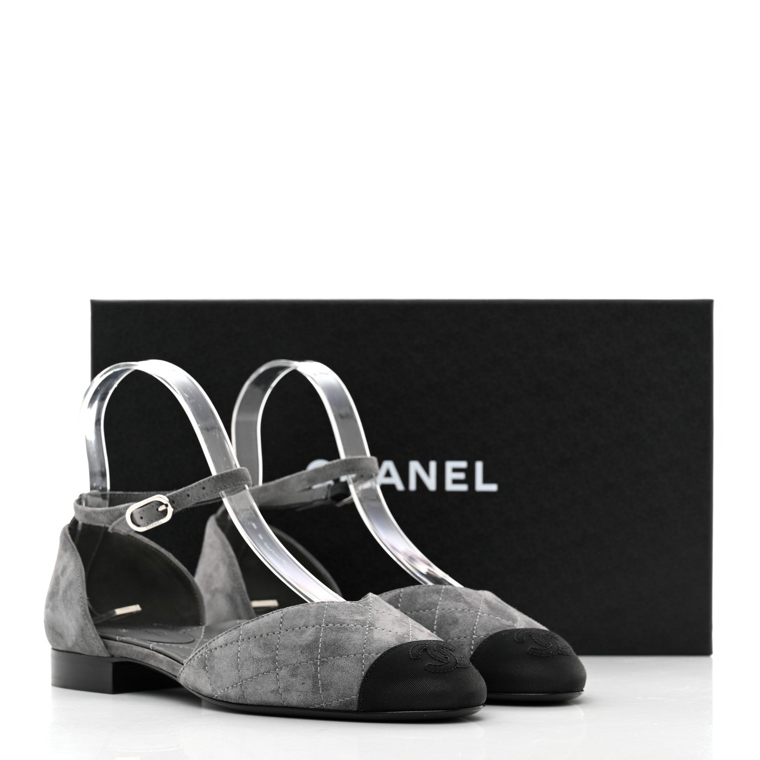 Chanel Suede Grosgrain Cap Toe CC Mary Jane Flats 37 Grey Black 9 of 9