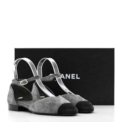 Chanel Suede Grosgrain Cap Toe CC Mary Jane Flats 37 Grey Black 9 of 9