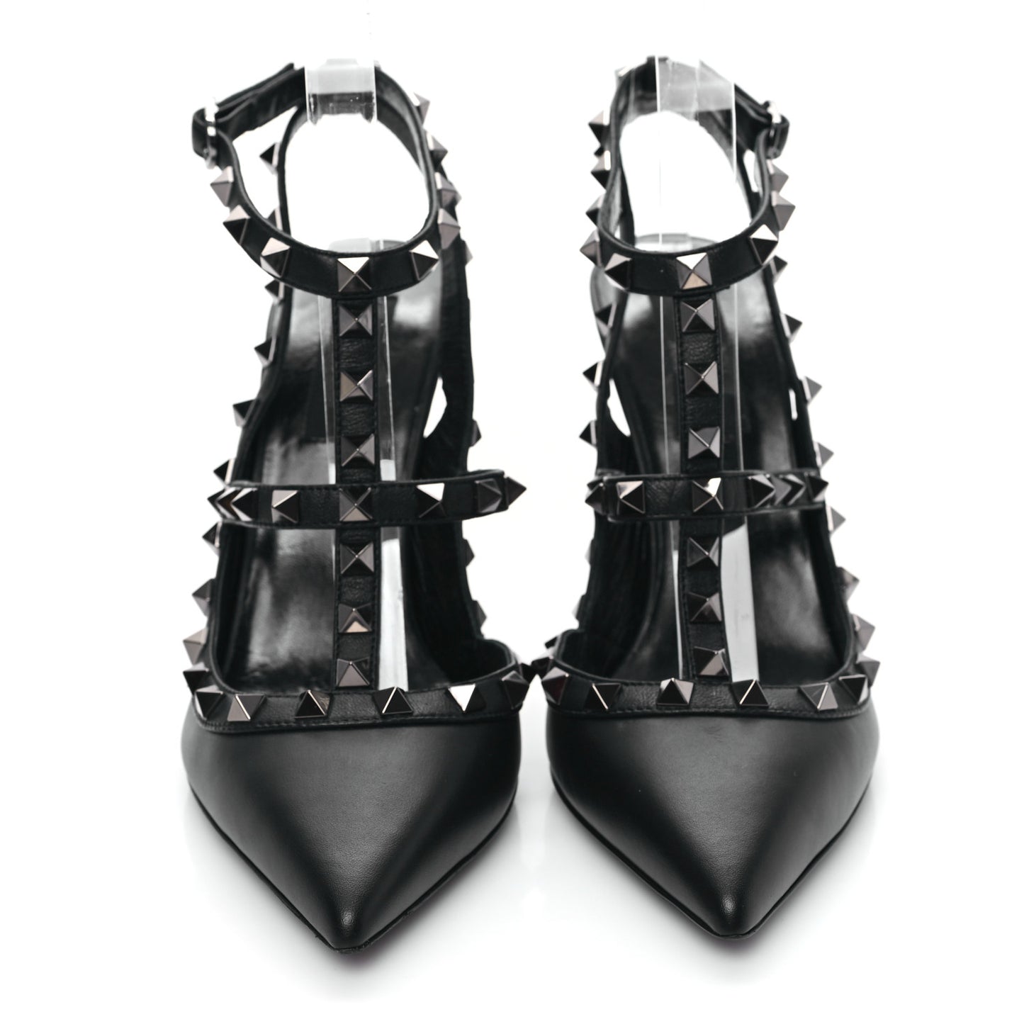 Calfskin Nappa Rockstud Ankle Strap 100mm Pumps 38.5 Black
