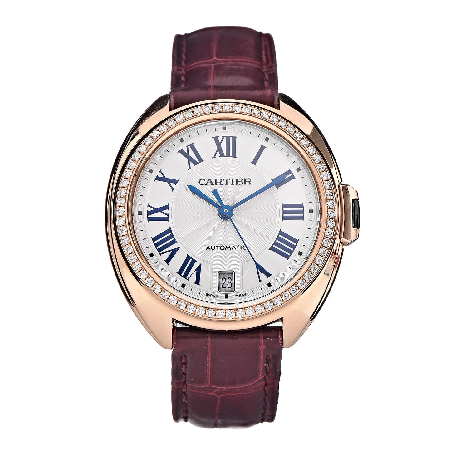 18K Pink Gold Alligator Diamond 35mm Cle De Automatic Watch Bordeaux