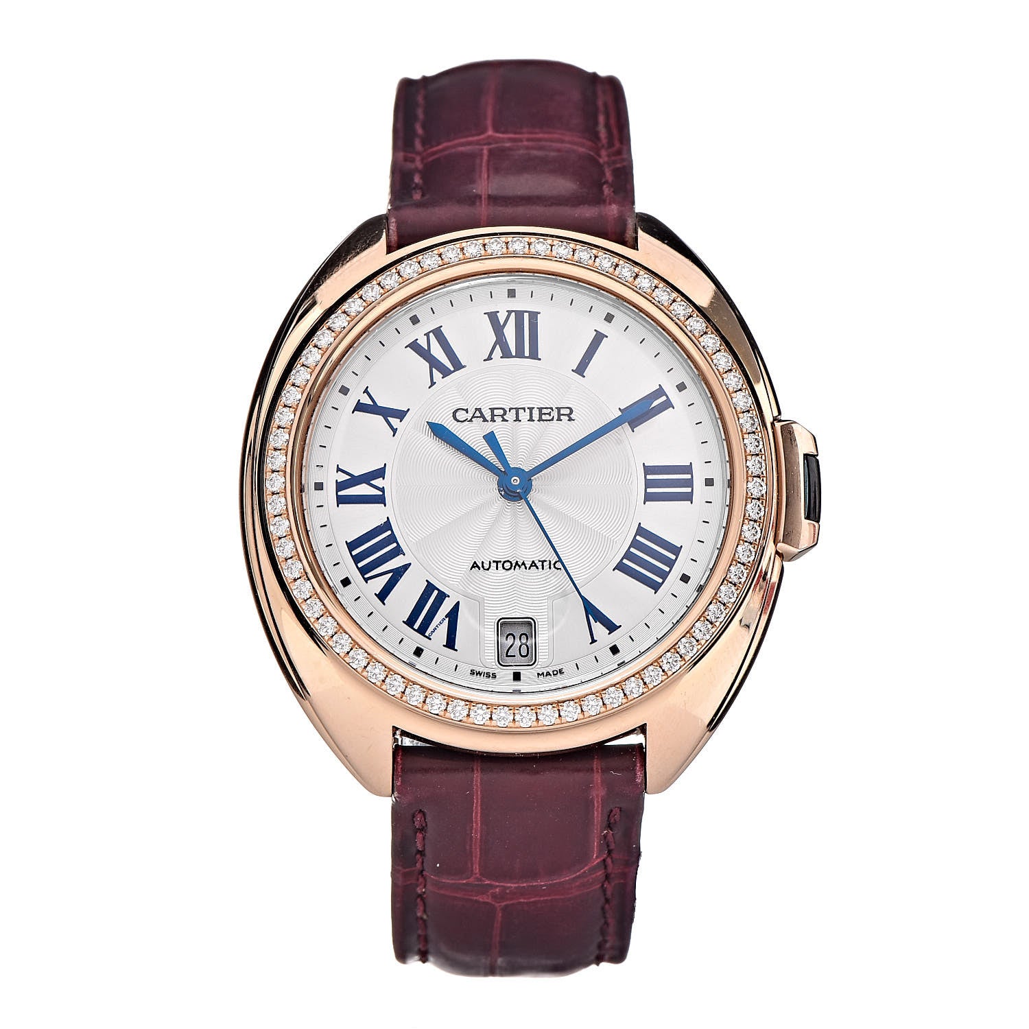 Cartier 18K Pink Gold Alligator Diamond 35mm Cle De Automatic Watch Bordeaux 1 of 11