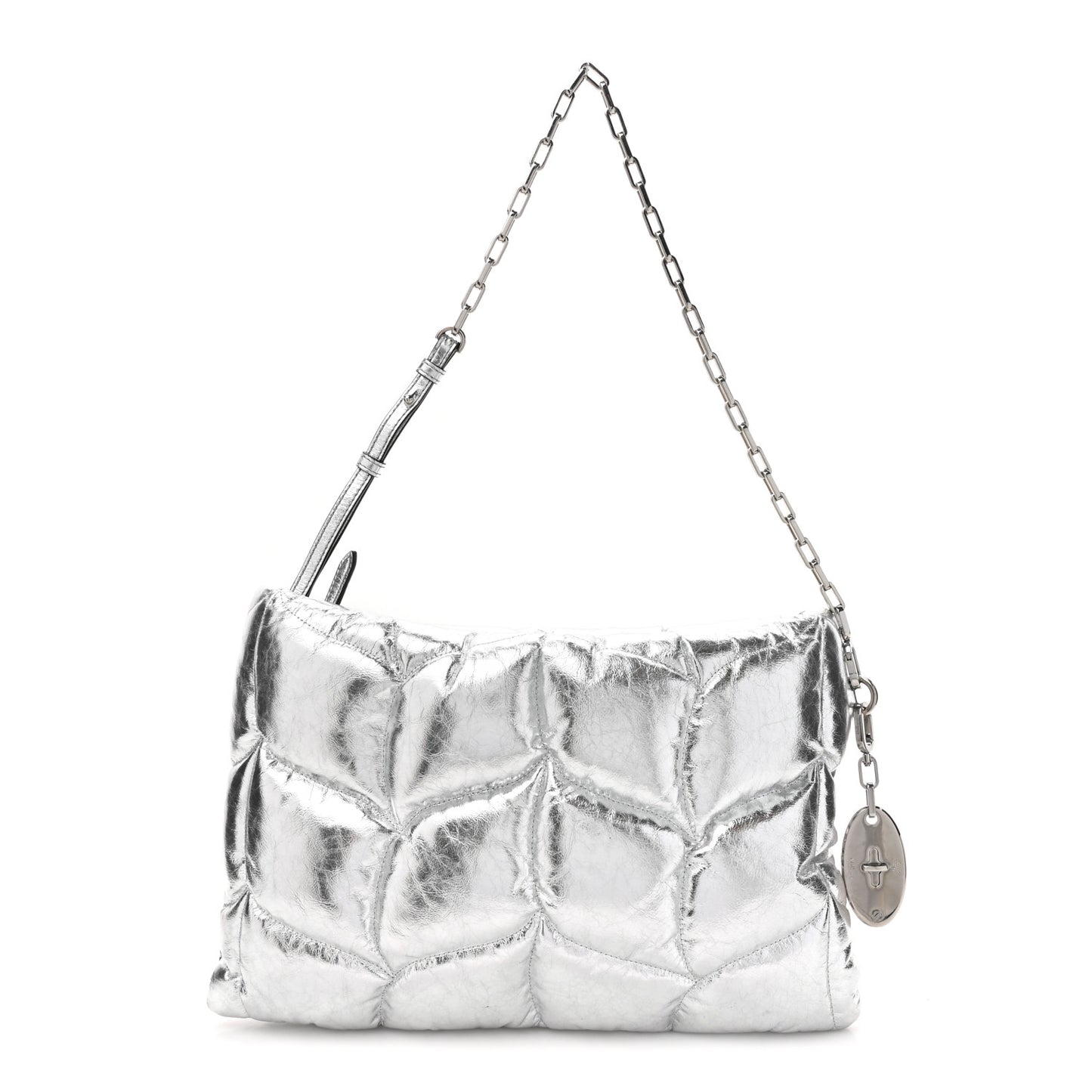 Metallic Crinkled Calfskin Pillow Quilted Softie Clutch Silver