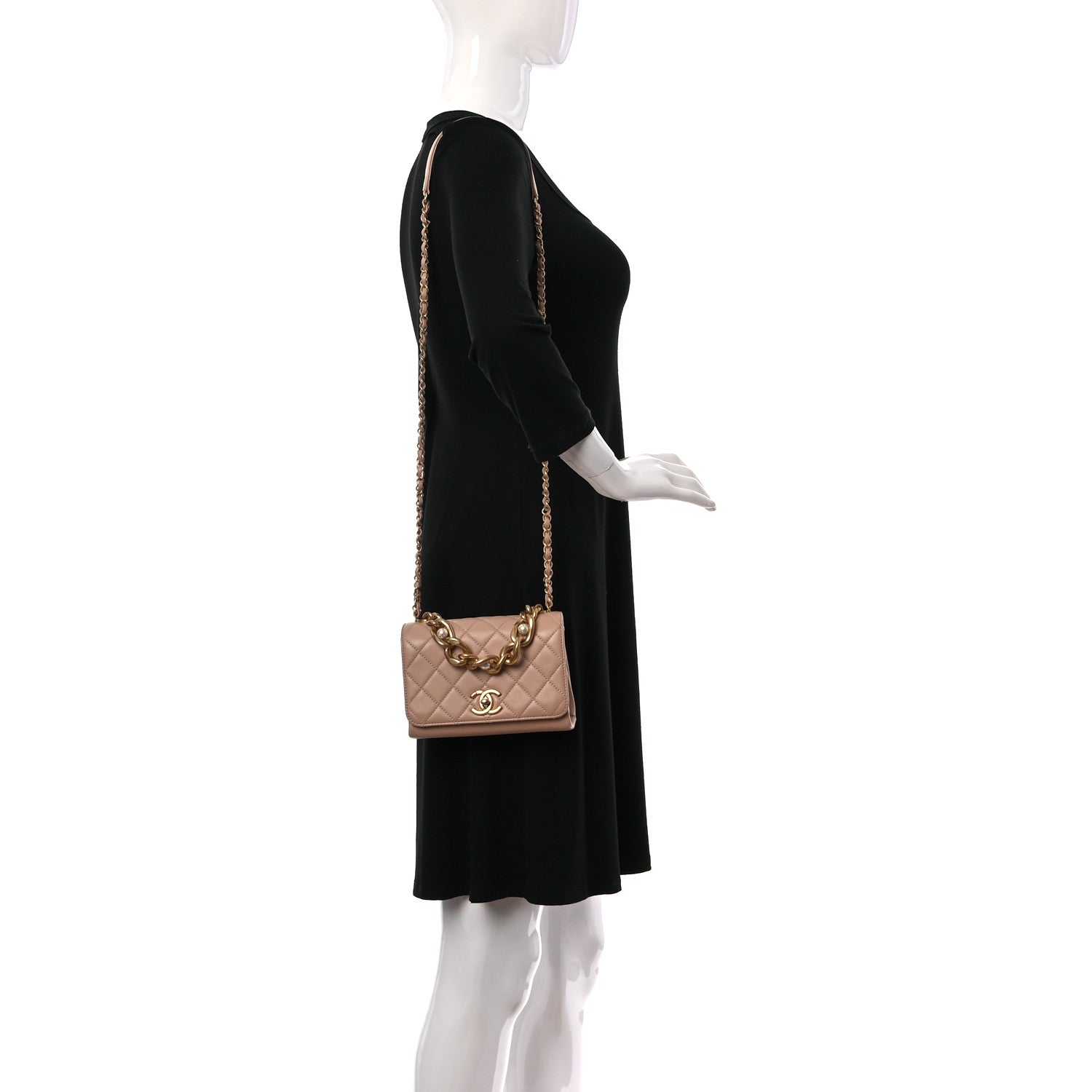 Chanel Calfskin Quilted Pearl Jewel Chain Flap Beige 2 of 10