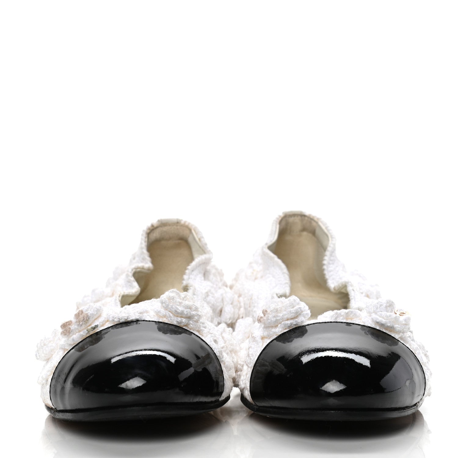 Chanel Crochet Patent Cap Toe Ballerina Flats 38 White Black 2 of 4