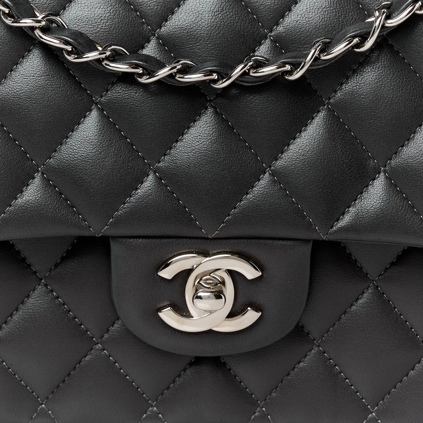Lambskin Quilted Medium Double Flap Dark Grey