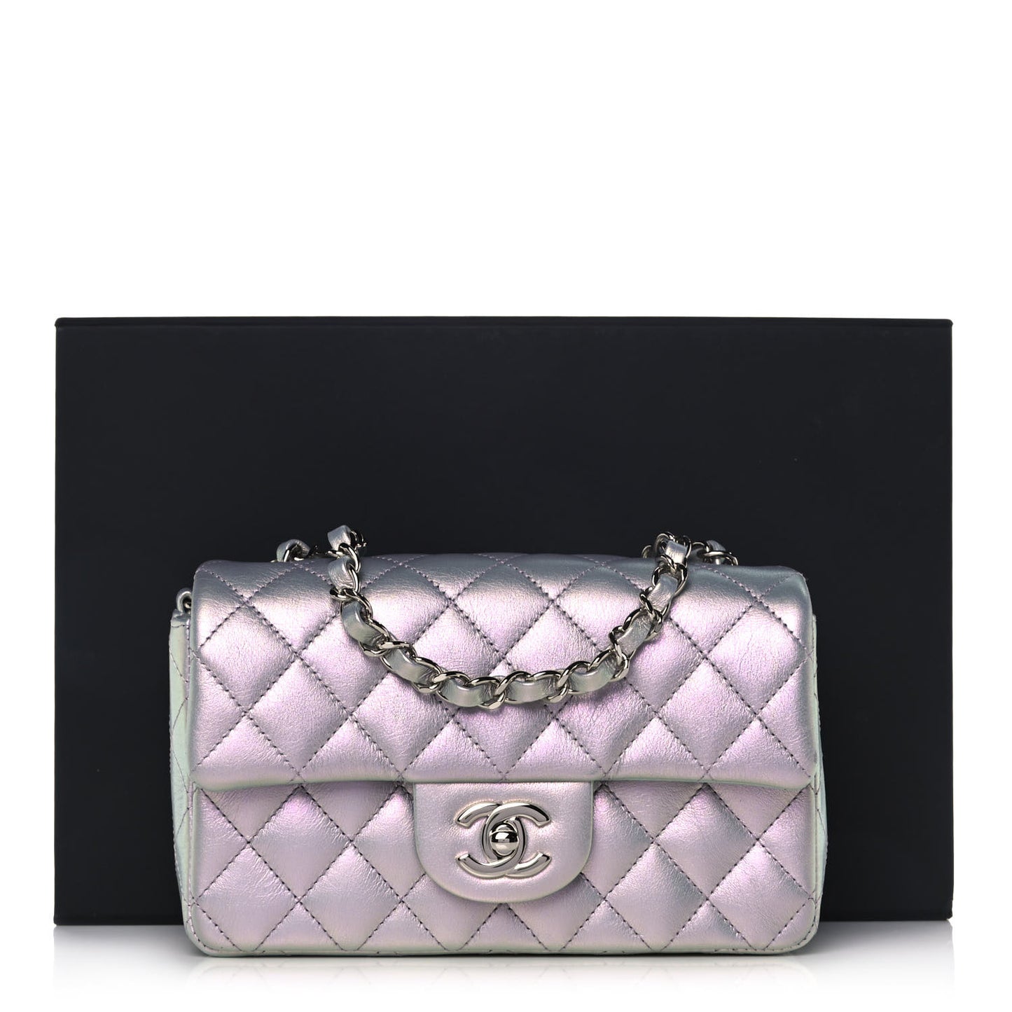 Iridescent Calfskin Quilted Mini Rectangular Flap Purple