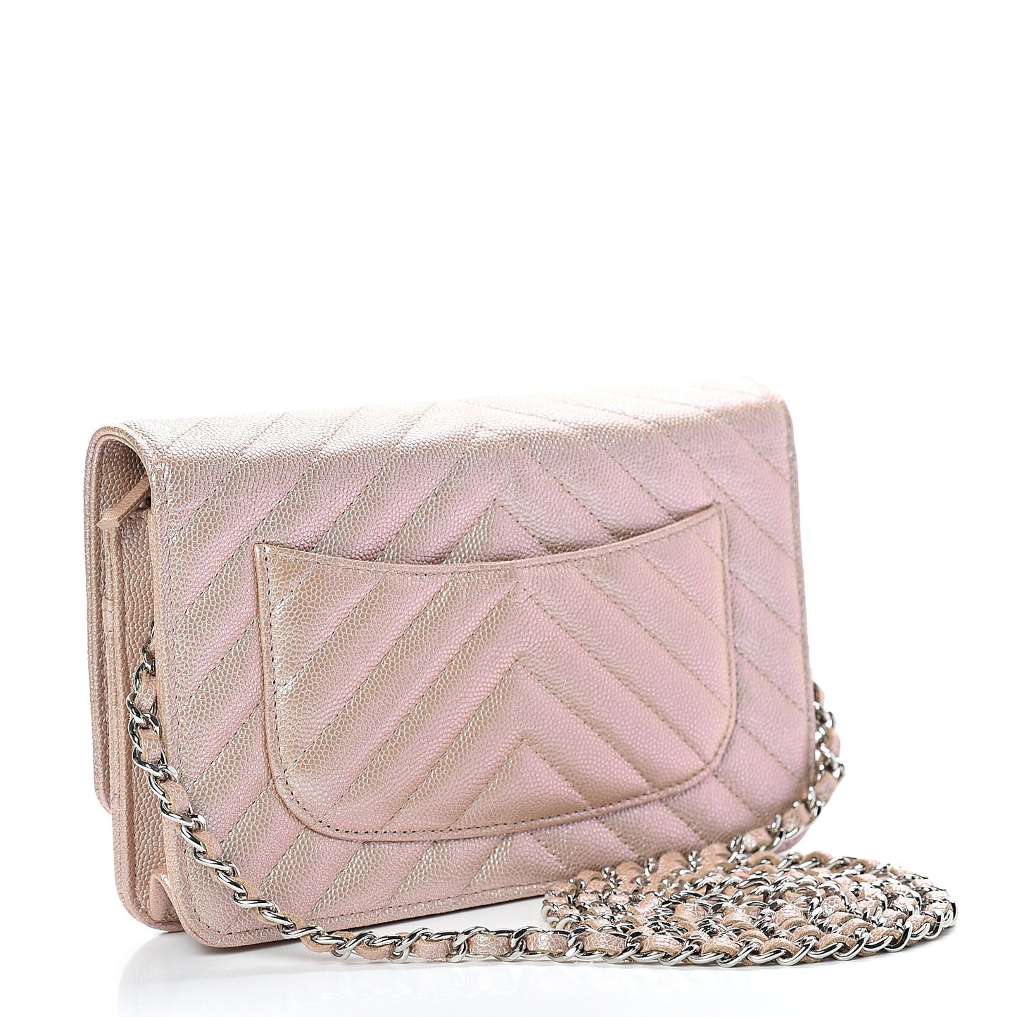 Metallic Caviar Chevron Quilted Wallet On Chain WOC Light Gold