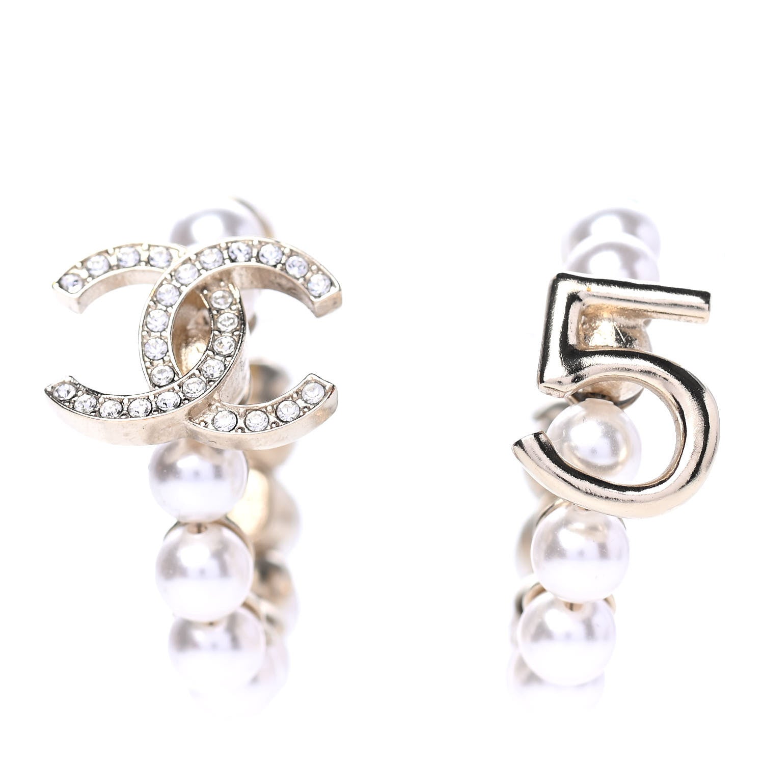 Chanel Crystal Pearl CC No 5 Hoop Drop Earring Gold 1 of 4