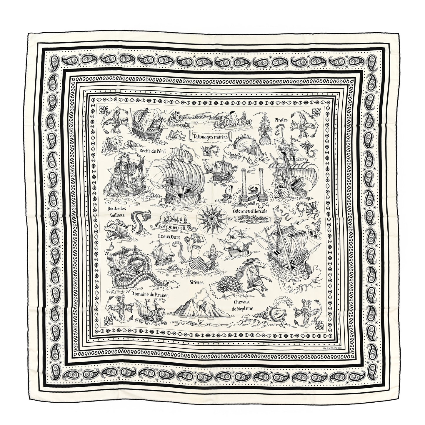 Cashmere Silk Tatouages Marins Bandana Shawl 140 White Black
