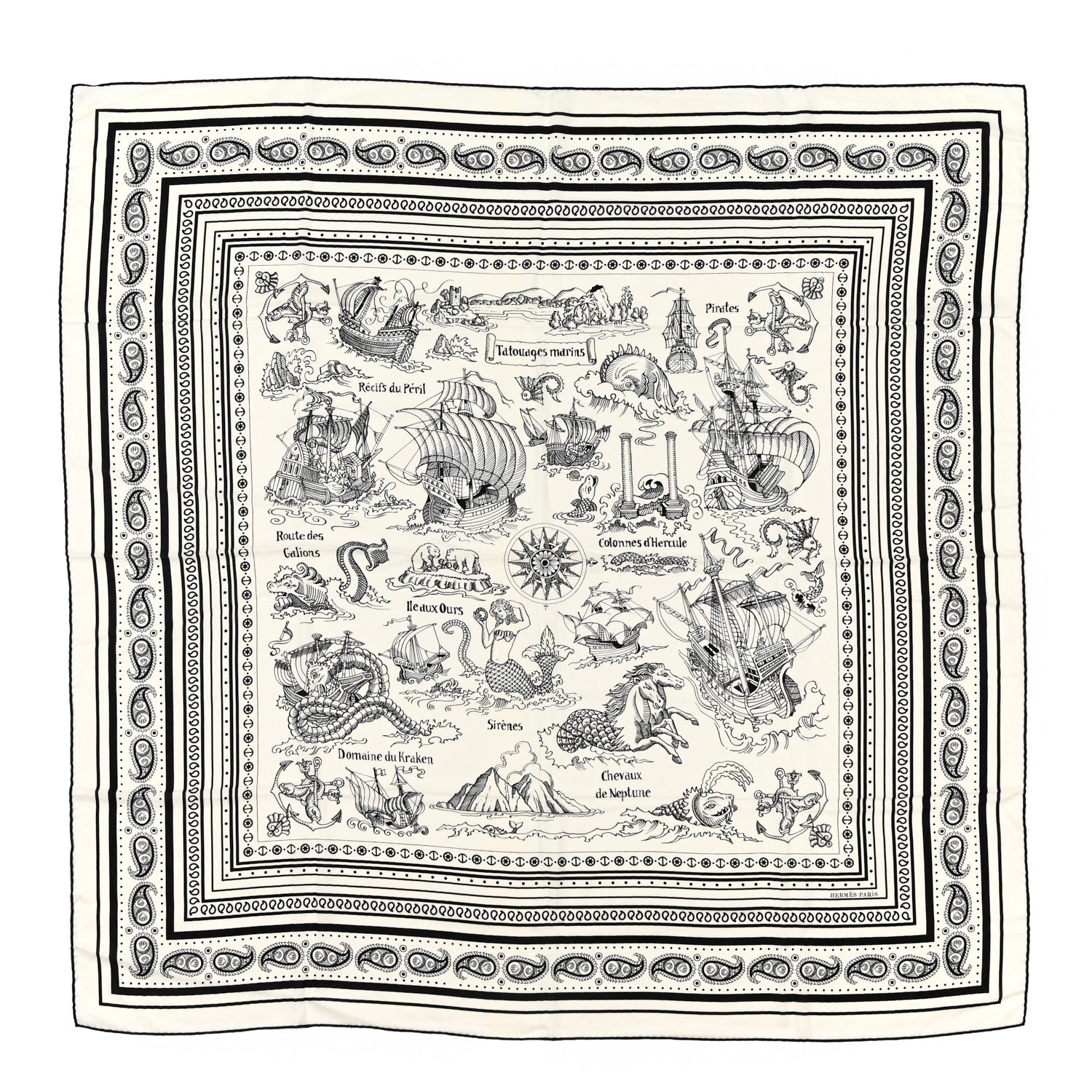 Hermes Cashmere Silk Tatouages Marins Bandana Shawl 140 White Black 1 of 5