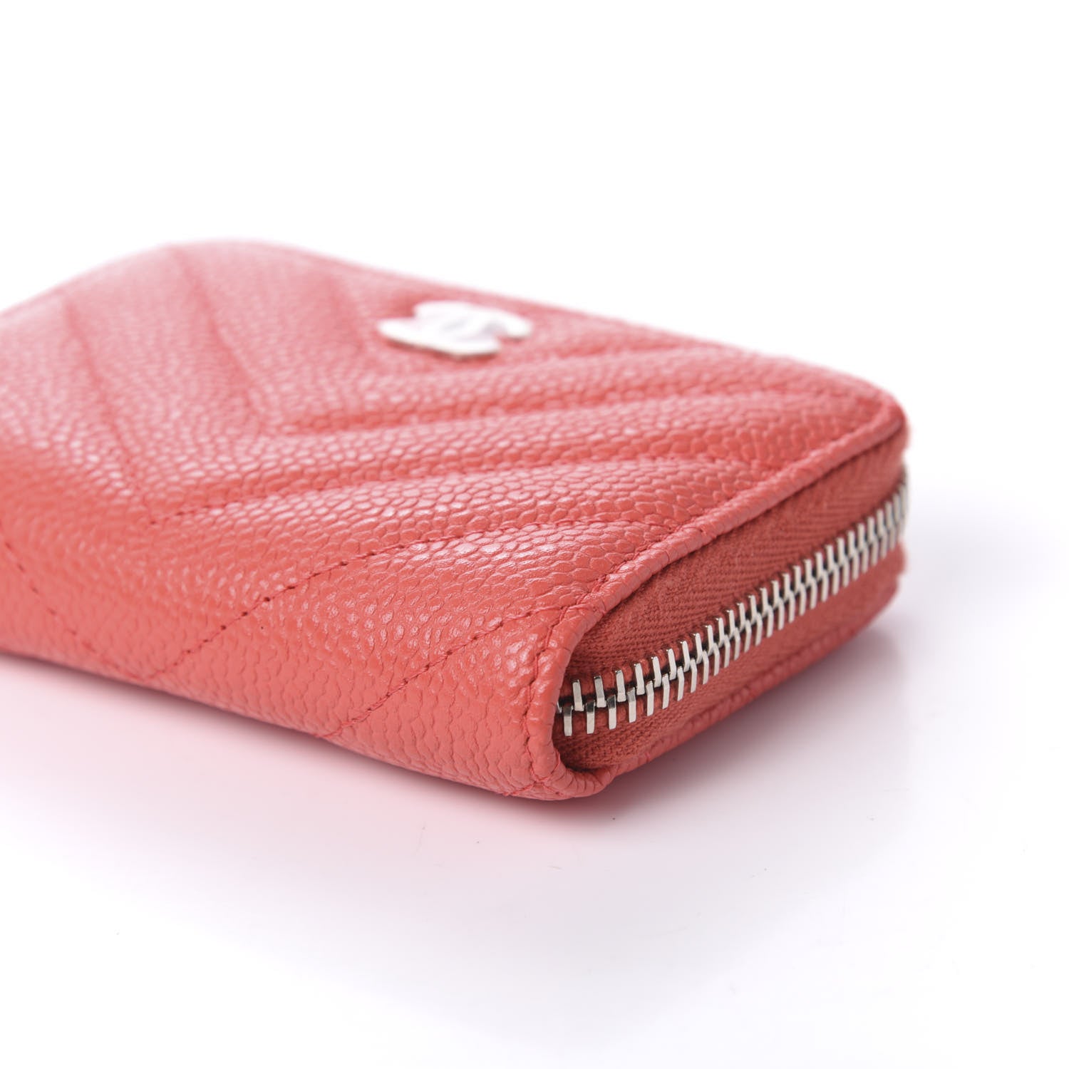 Chanel Caviar Chevron Quilted Zip Coin Purse Coral 7 of 11