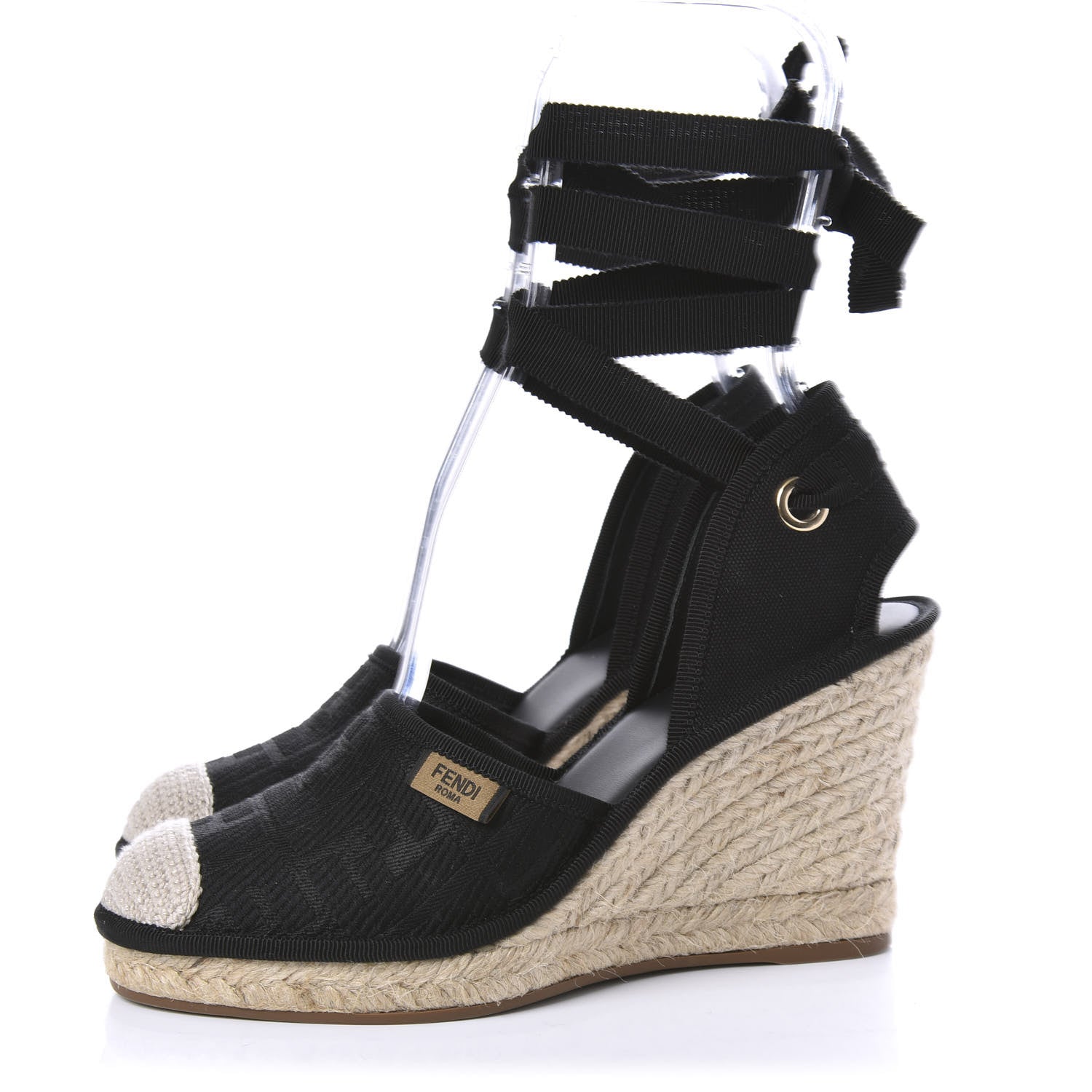 Fendi Canvas FF Embroidered Roma Ankle Wrap Espadrille Wedges 37 Black 3 of 10