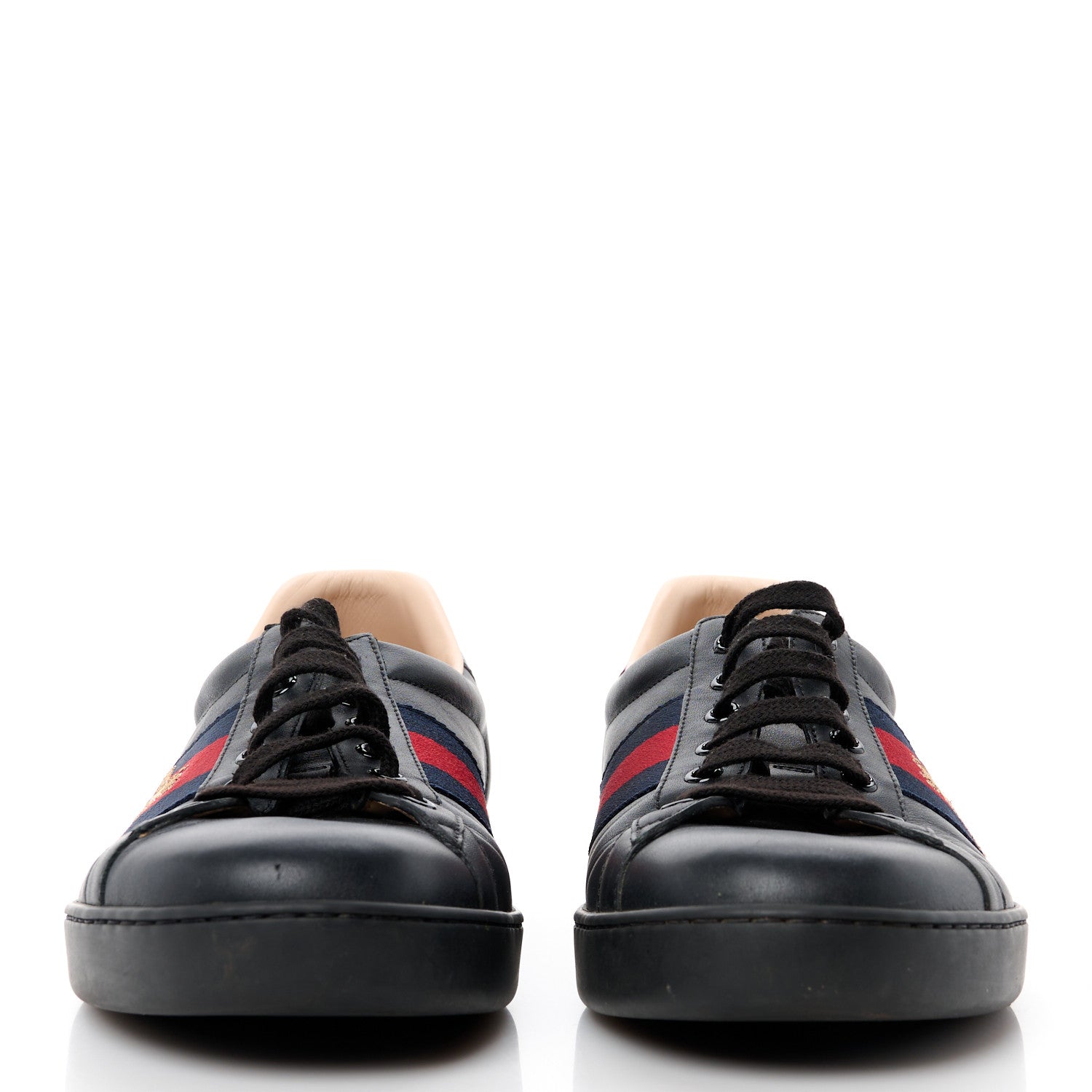 Gucci Miro Soft Calfskin Laminated Ayers Web Bee Embroidered Mens Ace Sneakers 10.5 Black Red Flame Night 2 of 9