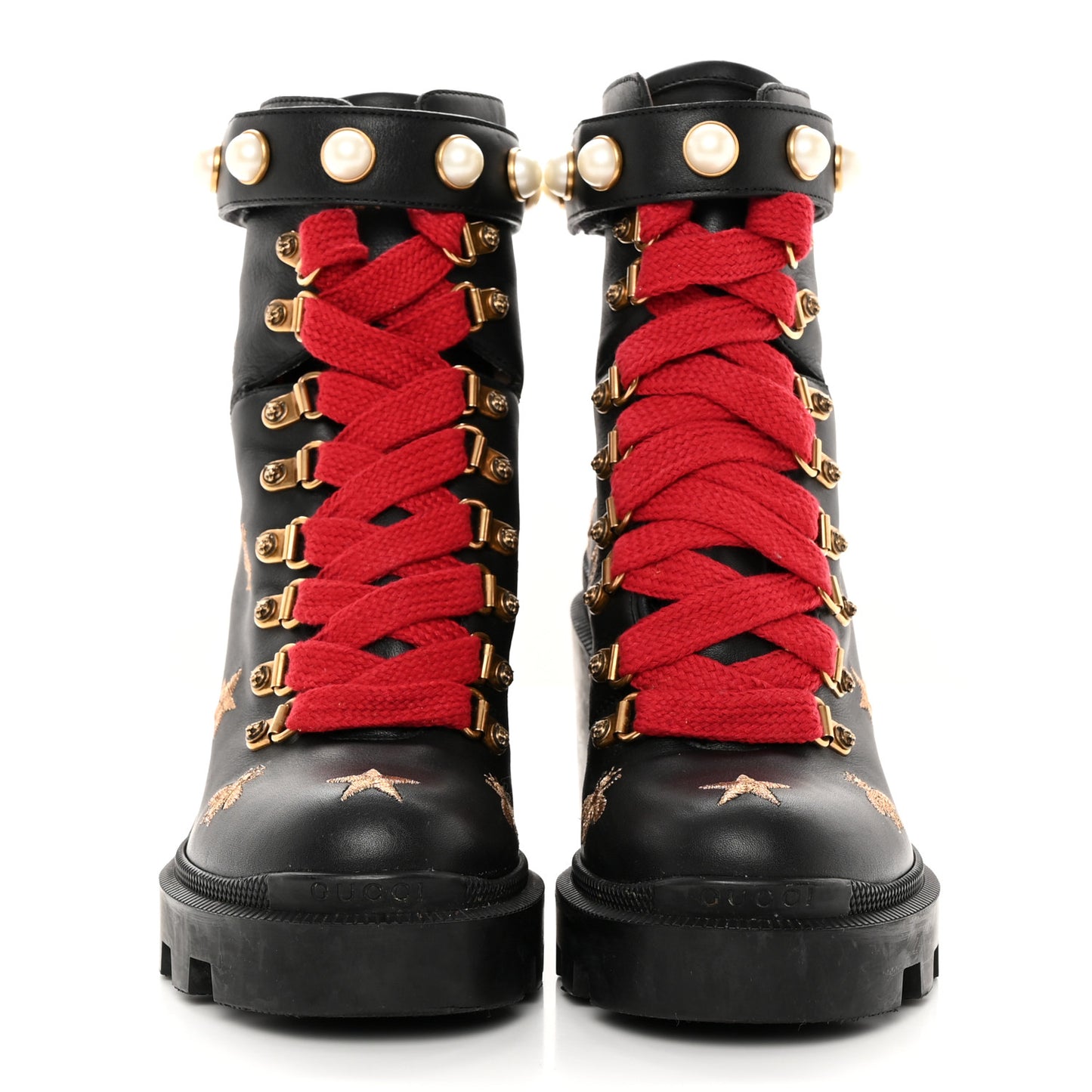 Calfskin Embroidered Lace Up Combat Ankle Boots 35 Black