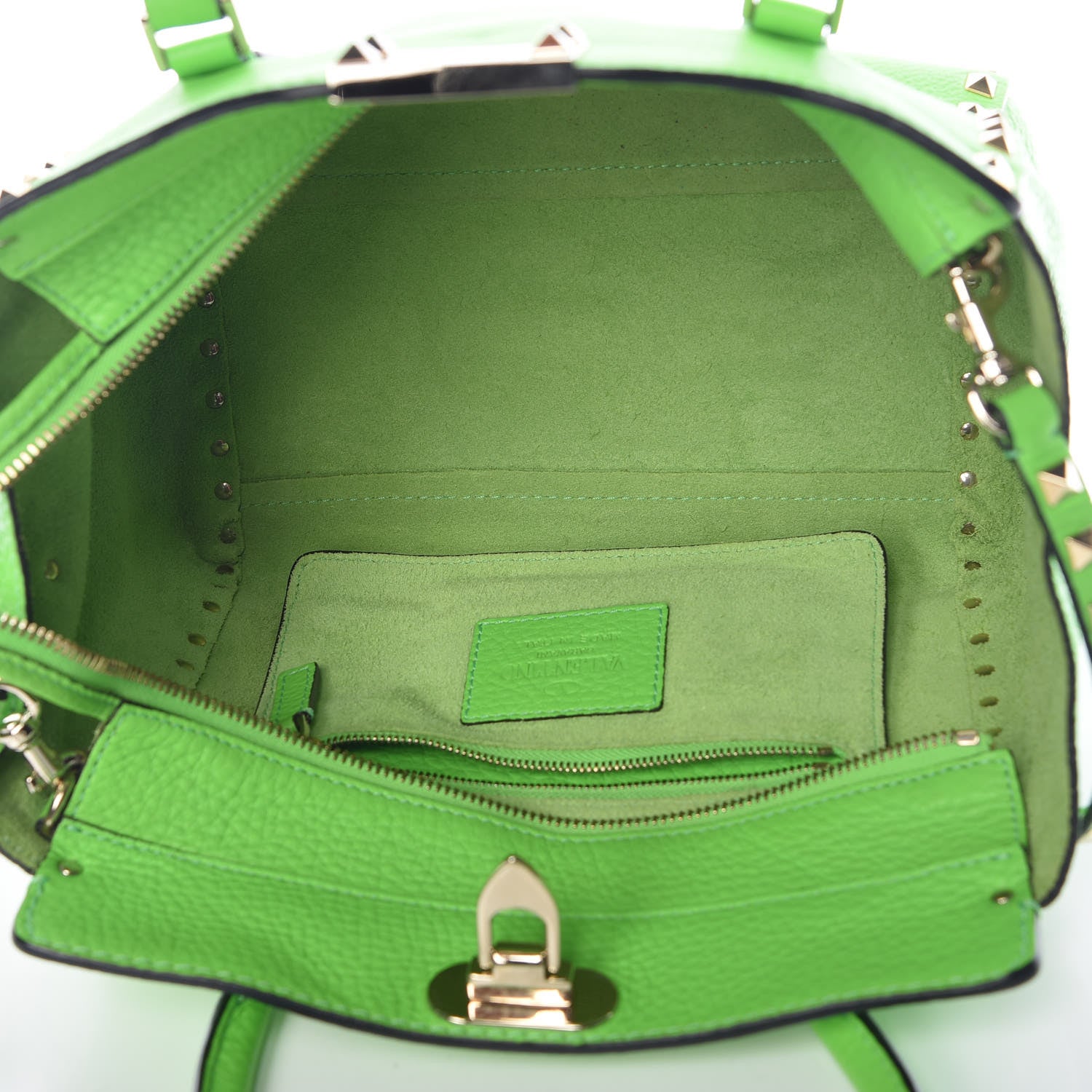 Valentino Garavani Pebbled Calfskin Small Rockstud Double Handle Tote Green Fluo 7 of 15