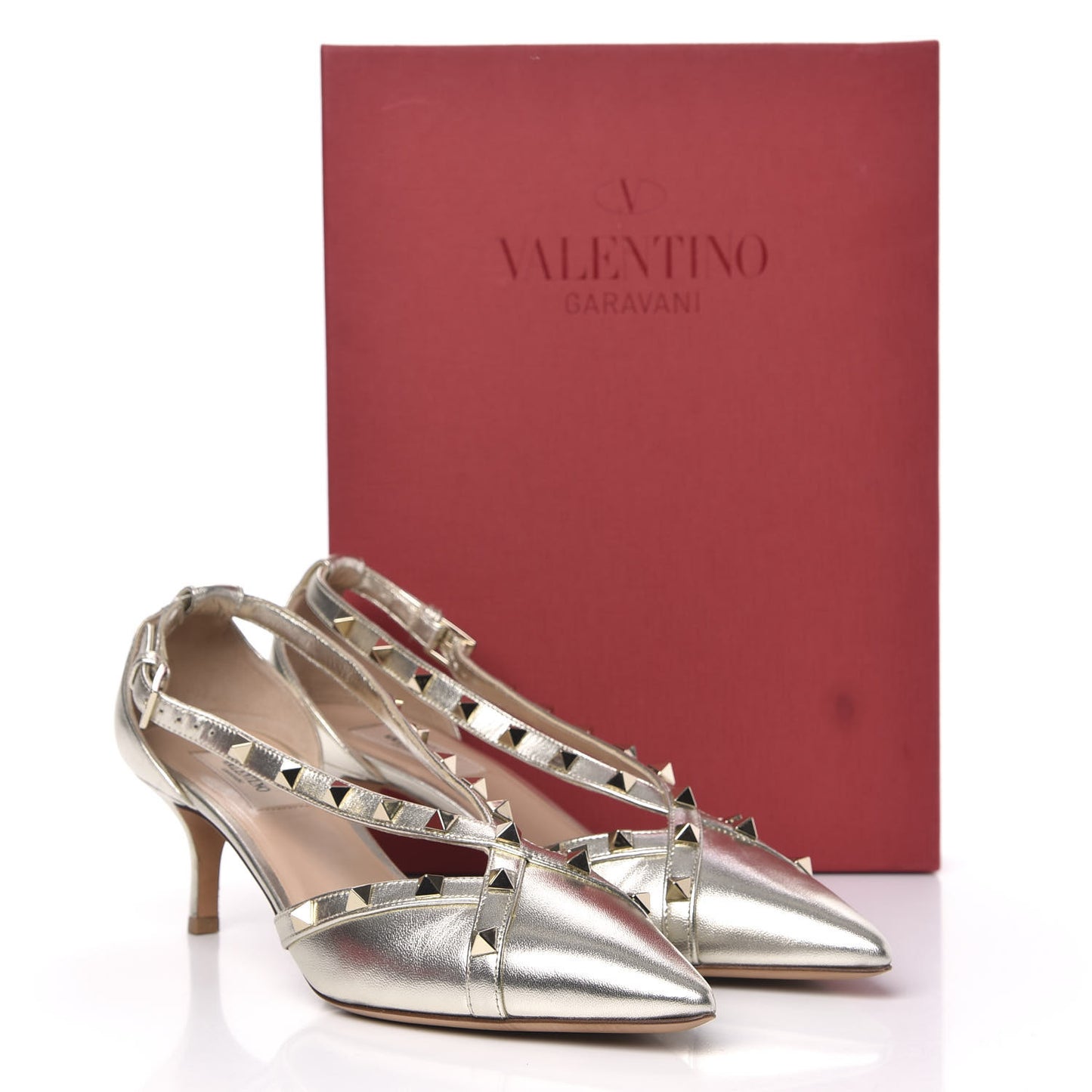 Metallic Nappa Rockstud Cross Strap D'Orsay 55mm Pumps 39.5 Platino