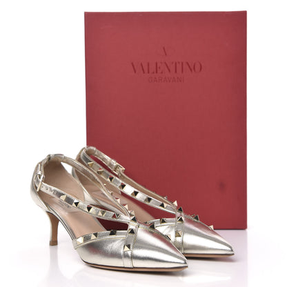 Valentino Garavani Metallic Nappa Rockstud Cross Strap D'Orsay 55mm Pumps 39.5 Platino 8 of 8