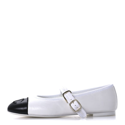 Chanel Lambskin Mary Jane Flats 37.5 White Black 1 of 9
