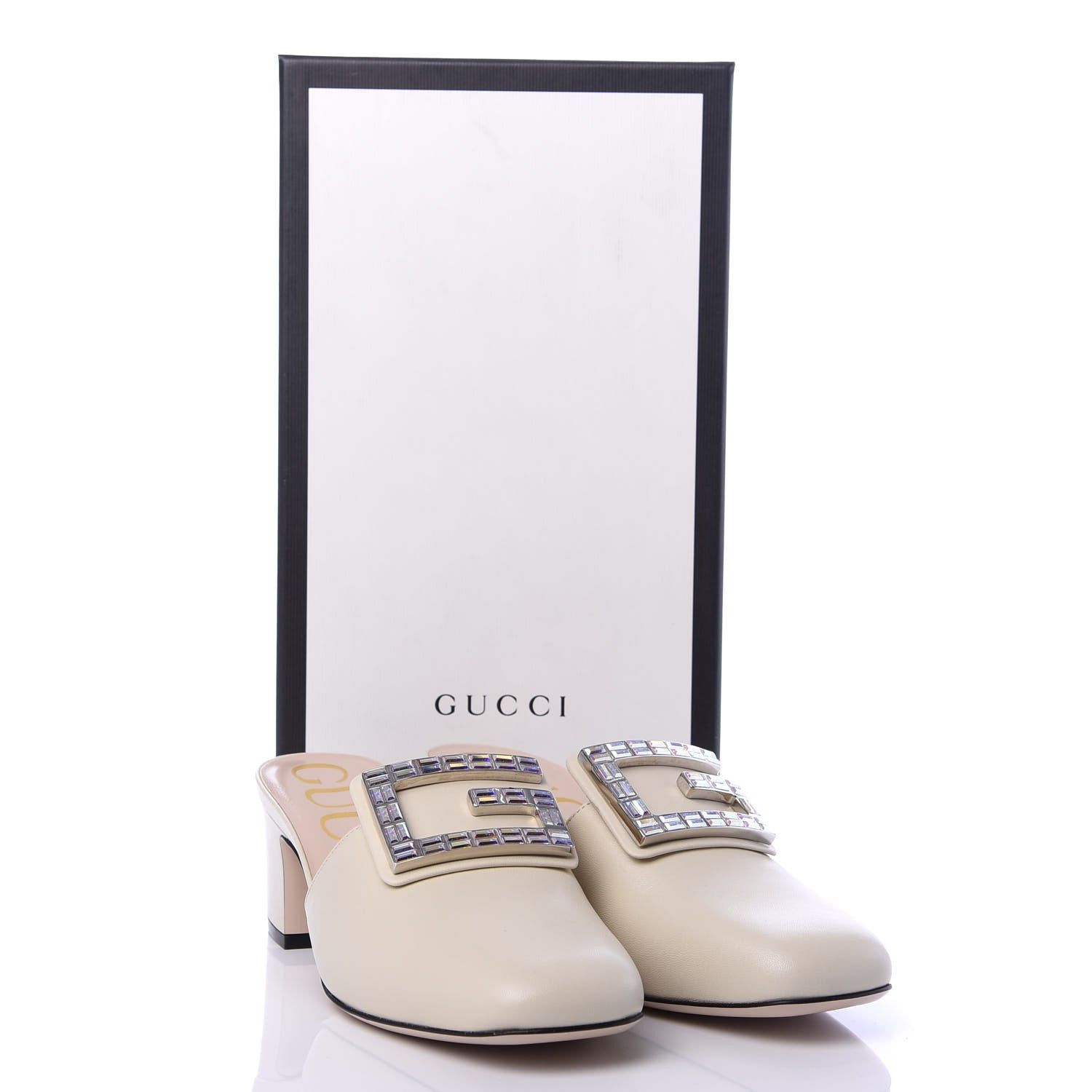 Gucci Malaga Kid Crystal Square G Madelyn Mules 36.5 Vintage White 11 of 11