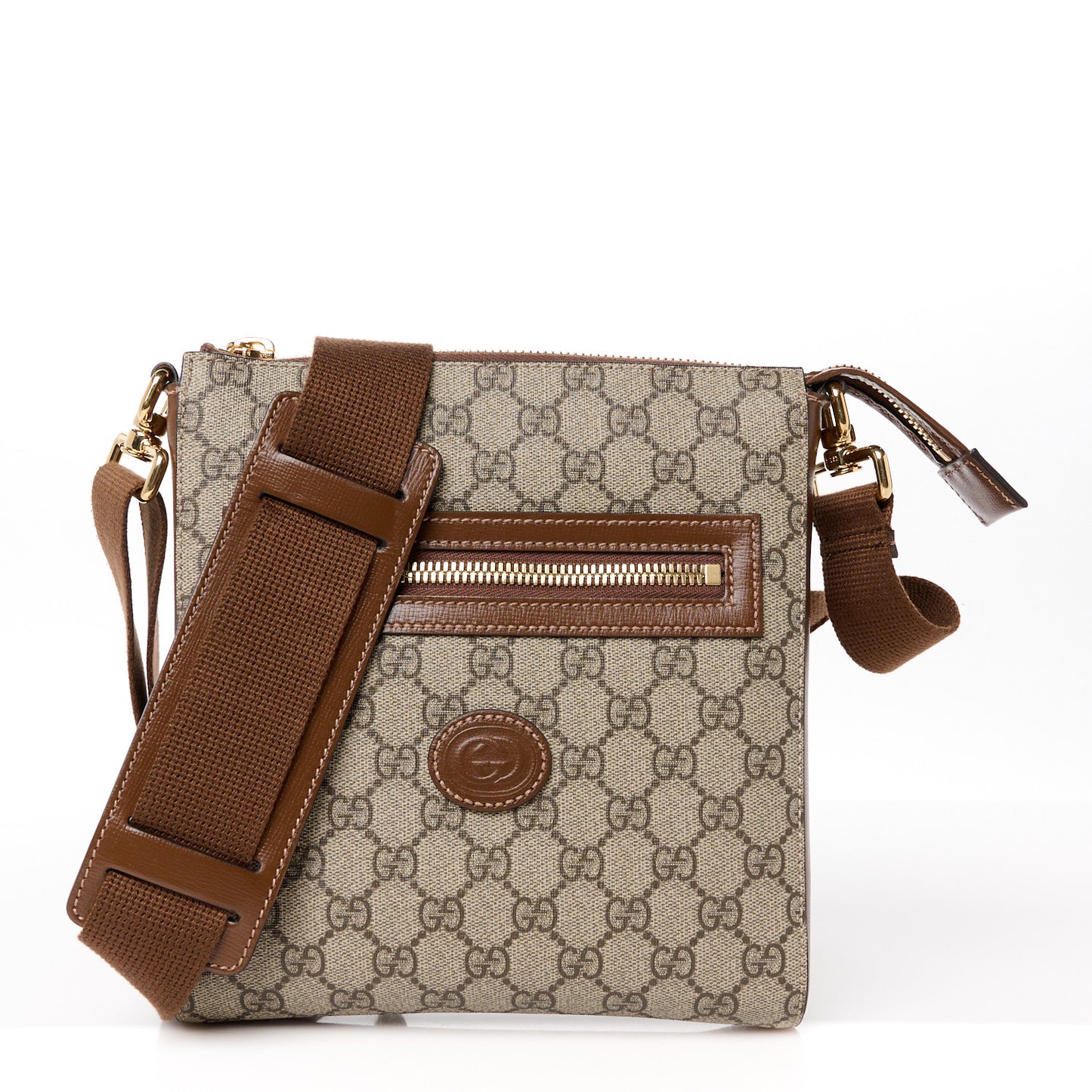 GG Supreme Monogram Azalea Calfskin Retro Interlocking G Flat Messenger Bag Beige Ebony Brown Sugar