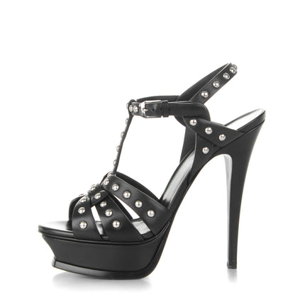 Saint Laurent Calfskin Tribute 105 Studded Platform Sandals 38 Black 1 of 6