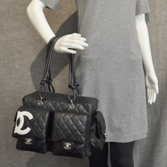 Calfskin Quilted Large Cambon Multipocket Reporter Black White