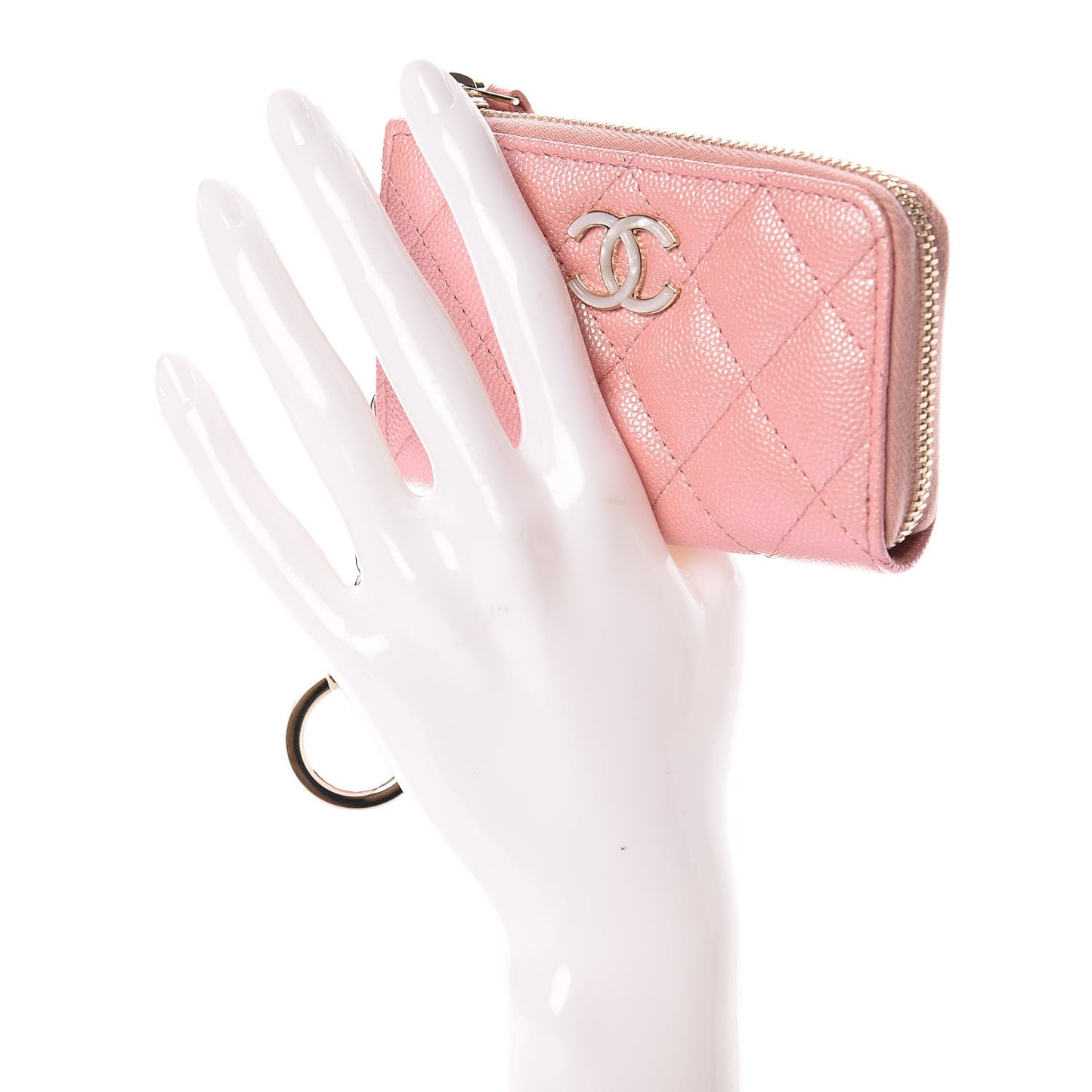 Iridescent Caviar Quilted Zipped Key Holder Case Rose Pink