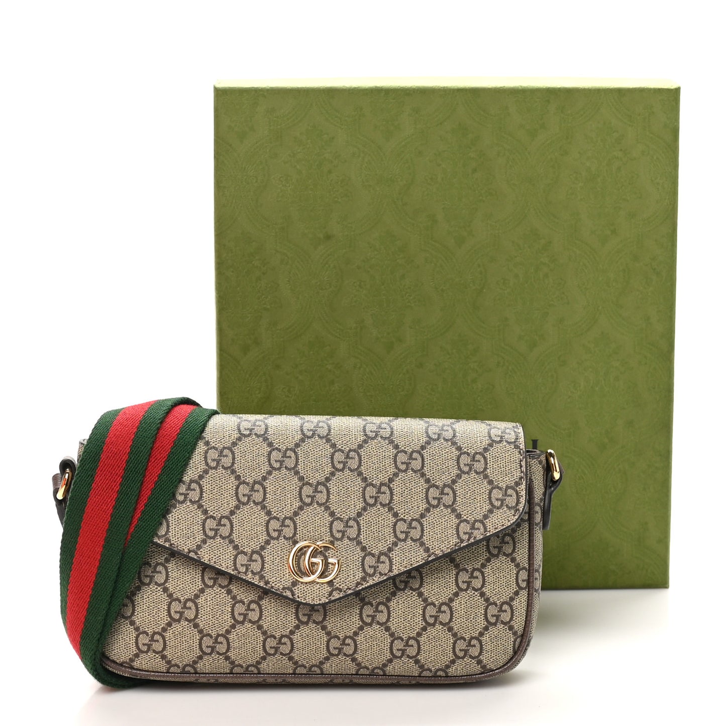 GG Supreme Monogram Textured Dollar Calfskin Web Mini Ophidia Envelope Shoulder Bag Beige Ebony New Acero
