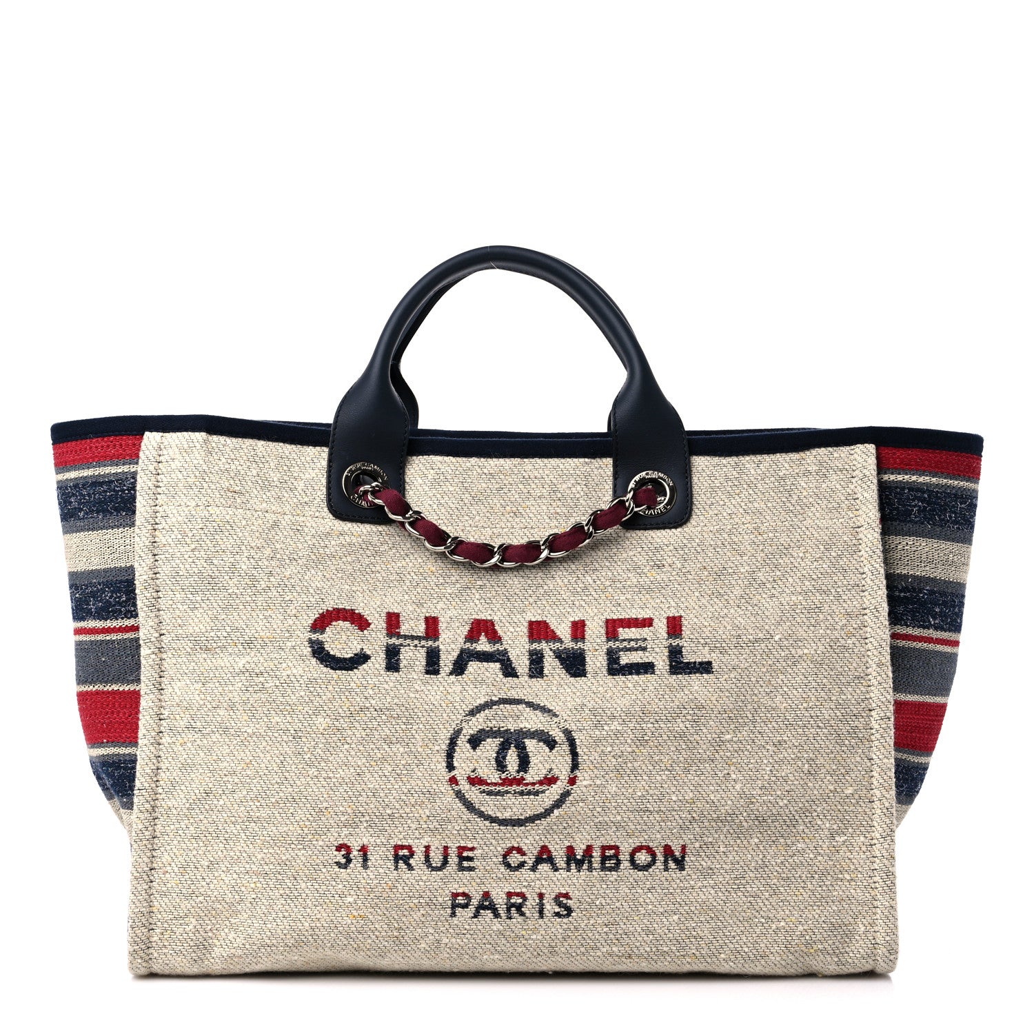 Chanel Striped Canvas Medium Deauville Tote Beige 1 of 9