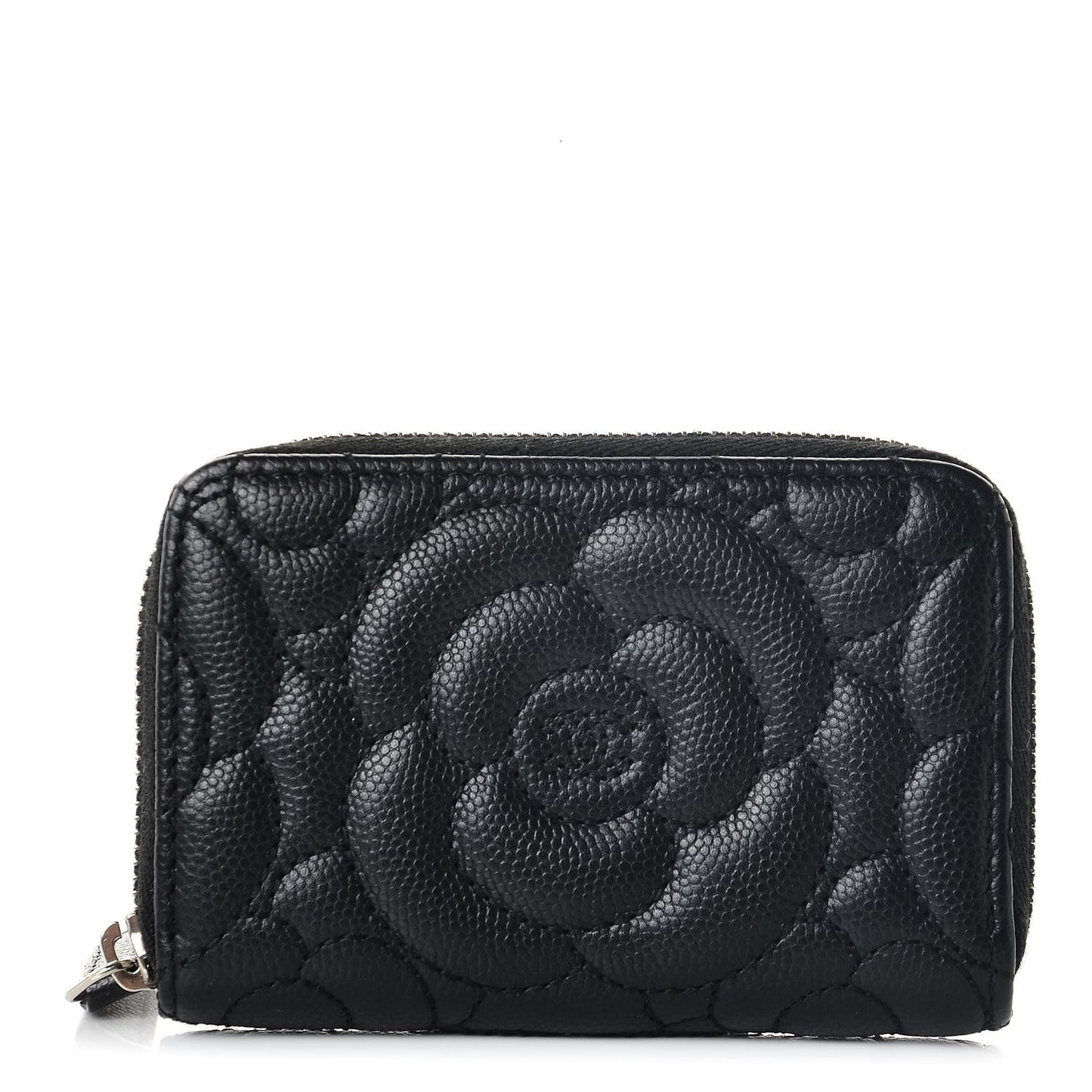 Caviar Camellia Embossed Zip Coin Purse Black