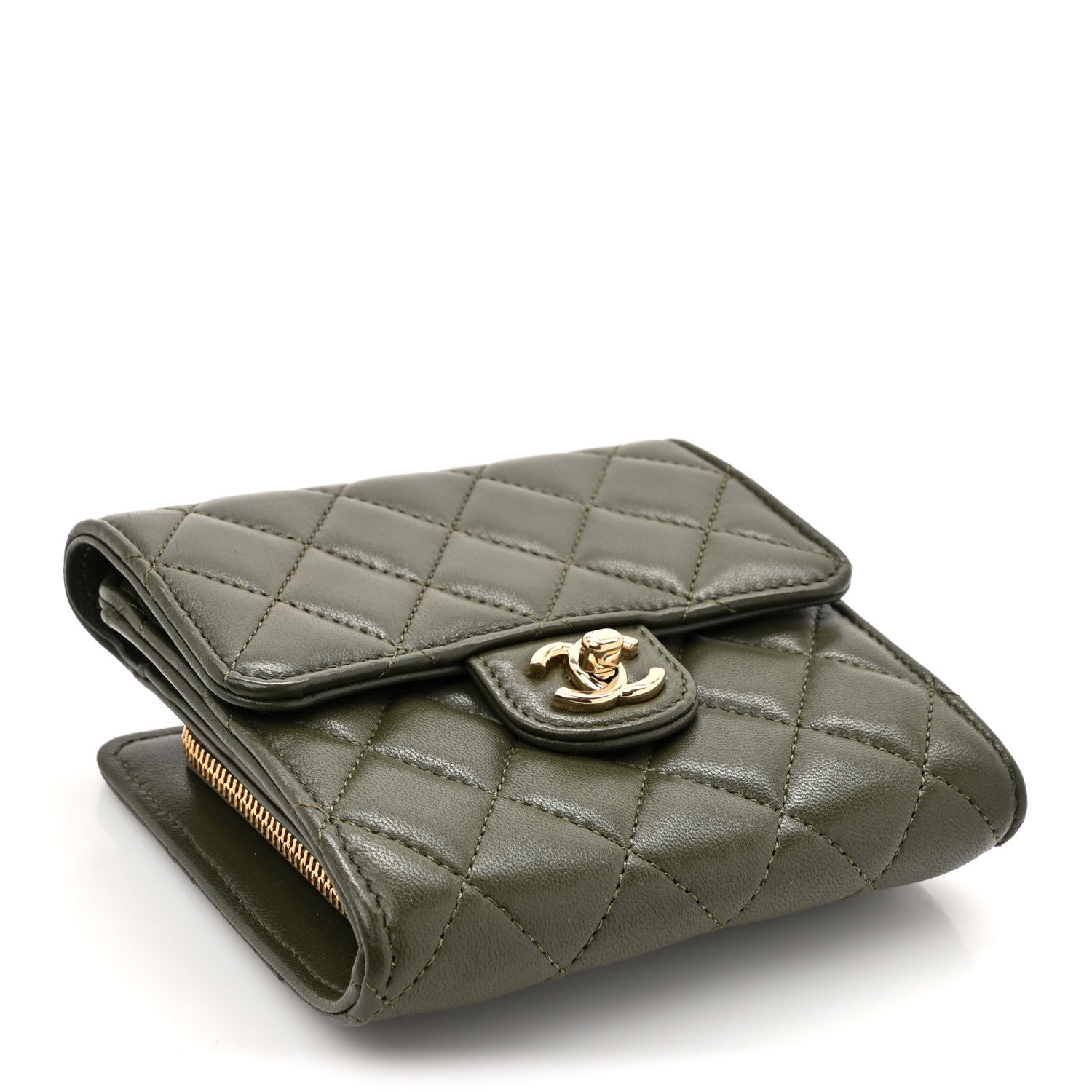 Chanel Lambskin Quilted Small Flap Zip Wallet Dark Green 4 of 8
