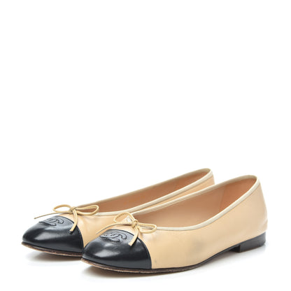 Chanel Lambskin Cap Toe CC Ballerina Flats 39 Beige Black 3 of 7