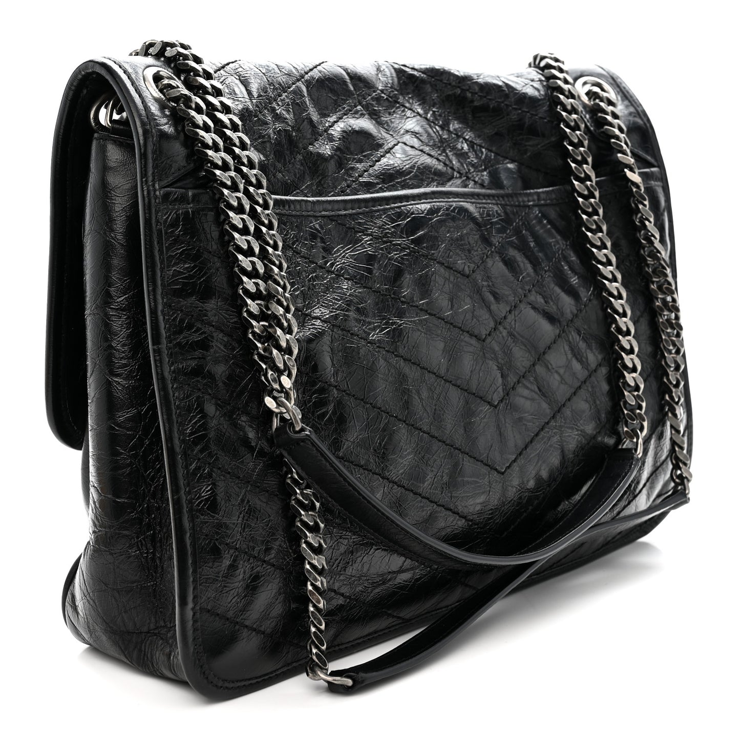 Crinkled Calfskin Matelasse Monogram Large Niki Chain Satchel Black Black