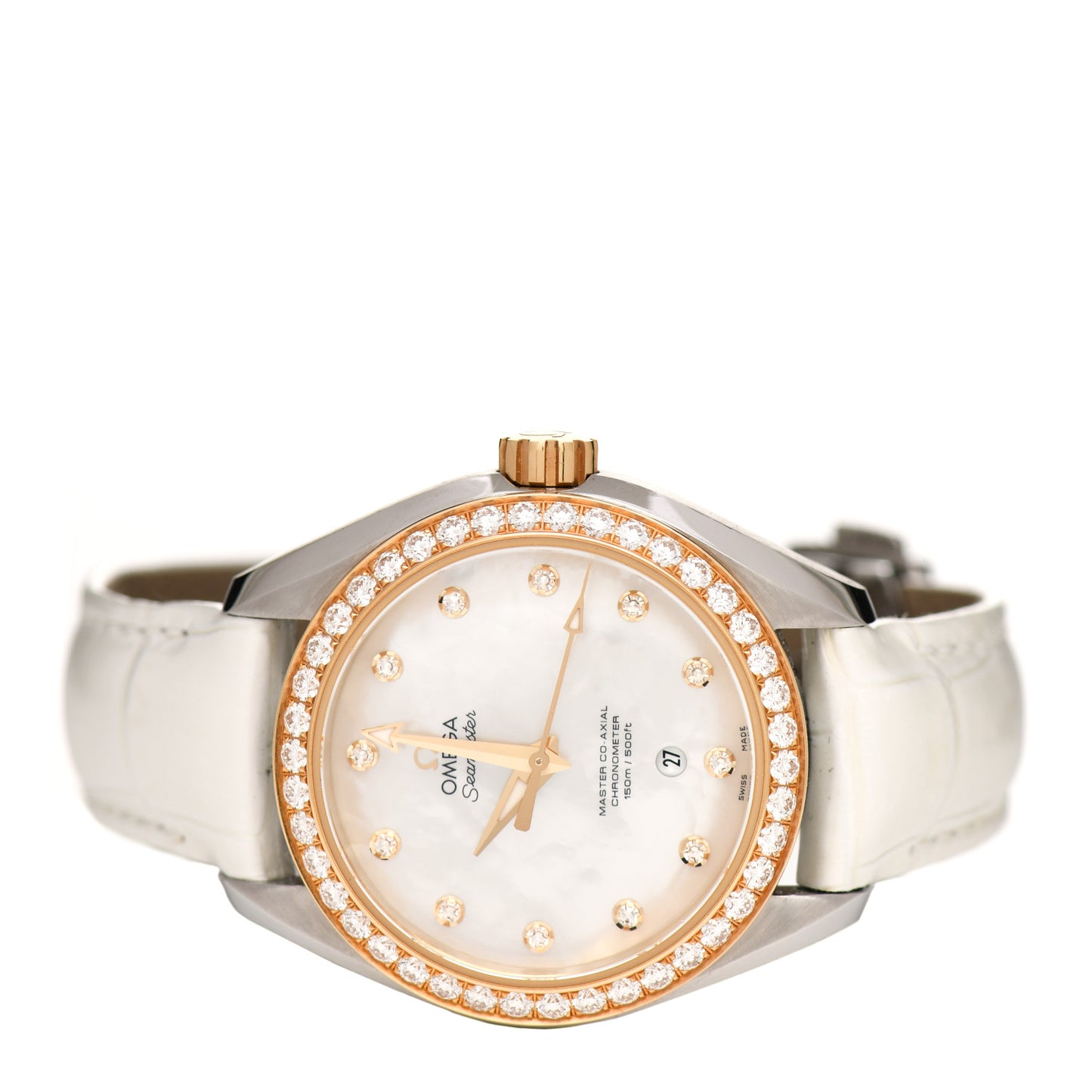 Stainless Steel 18K Sedna Gold Alligator Diamond Bezel Mother of Pearl 34mm Seamaster Aqua Terra Co-Axial Chronometer Automatic Watch 231.28.34.20.55.003