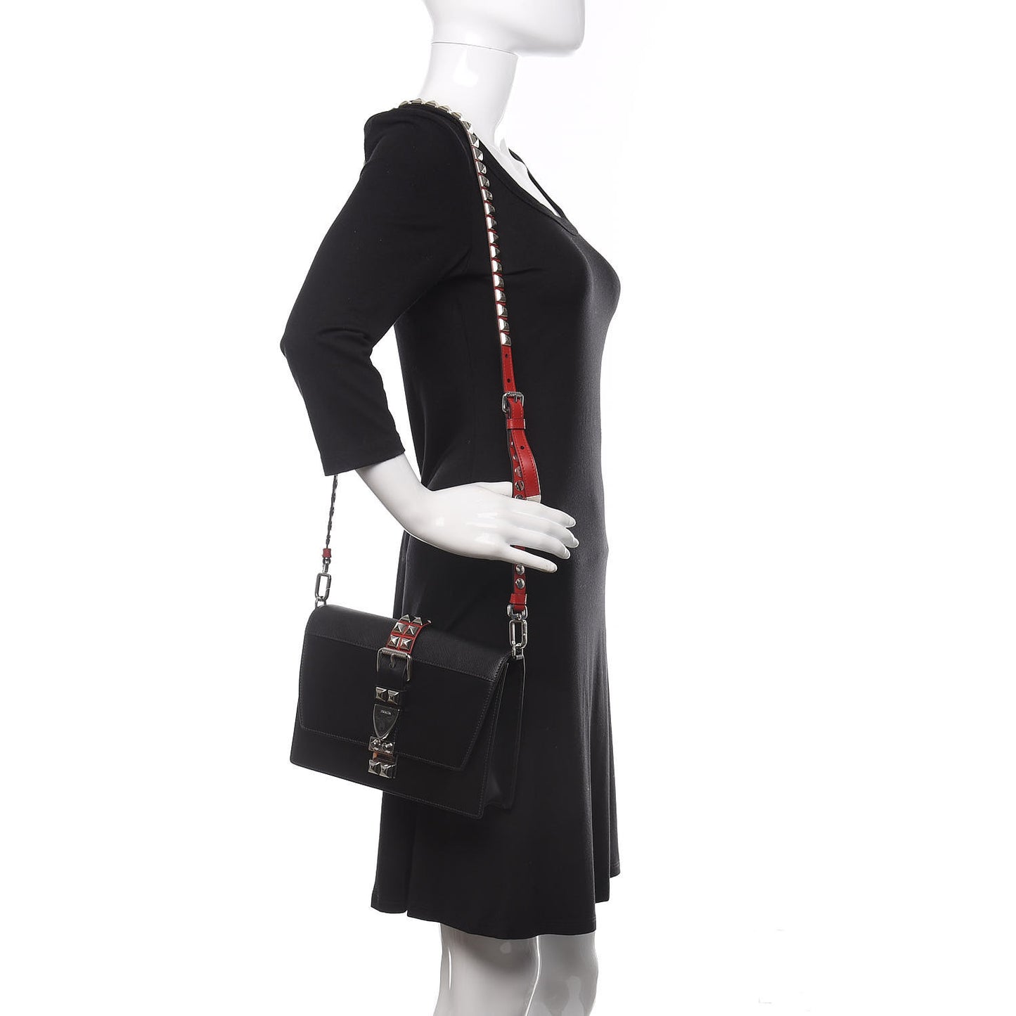Saffiano City Calfskin Studded Large Elektra Shoulder Bag Black Fuoco