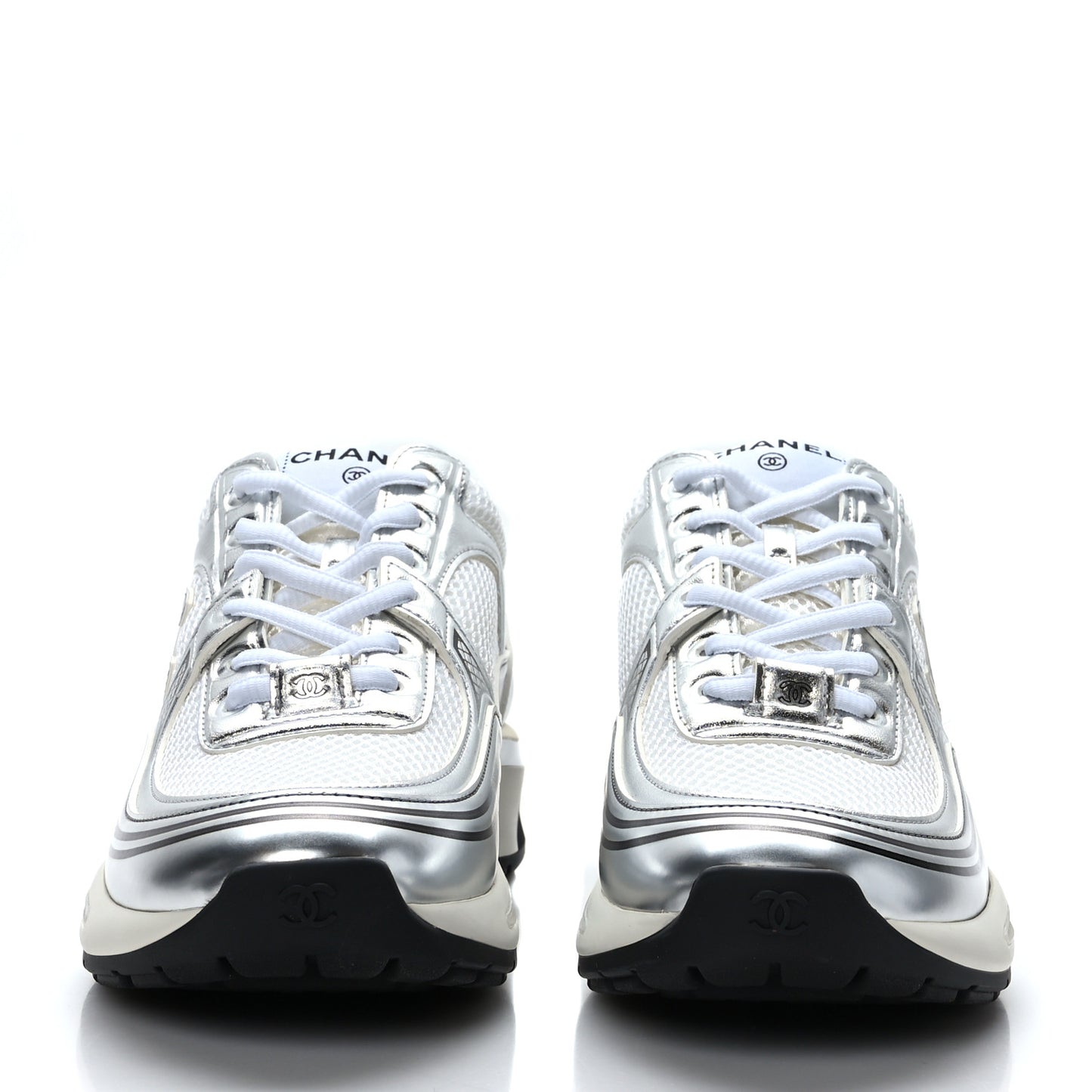 Fabric Laminated Calfskin Stretch CC Sneakers 36.5 White Silver