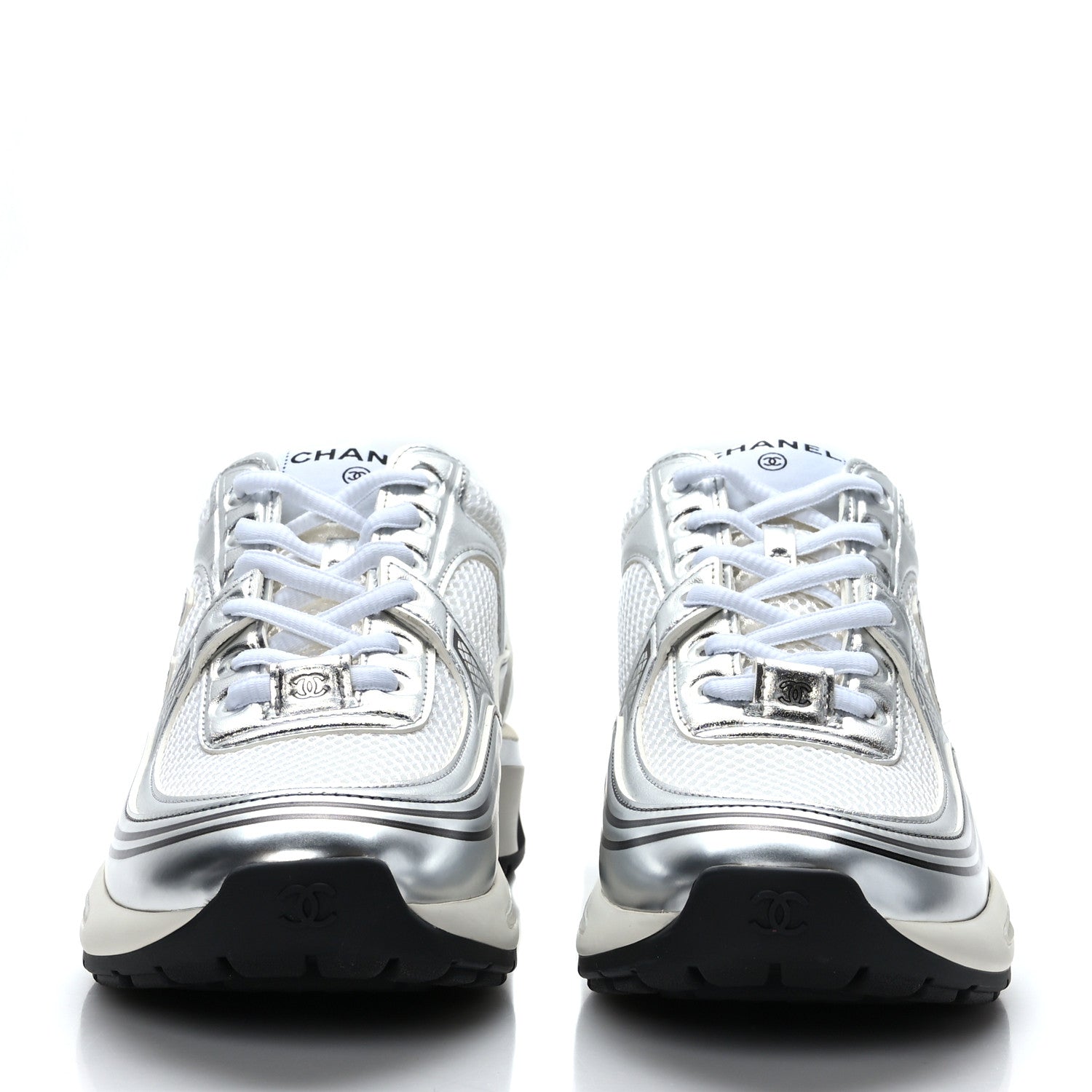 Chanel Fabric Laminated Calfskin Stretch CC Sneakers 36.5 White Silver 2 of 8