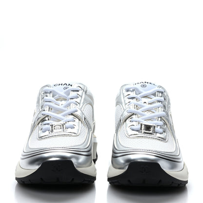 Chanel Fabric Laminated Calfskin Stretch CC Sneakers 36.5 White Silver 2 of 8