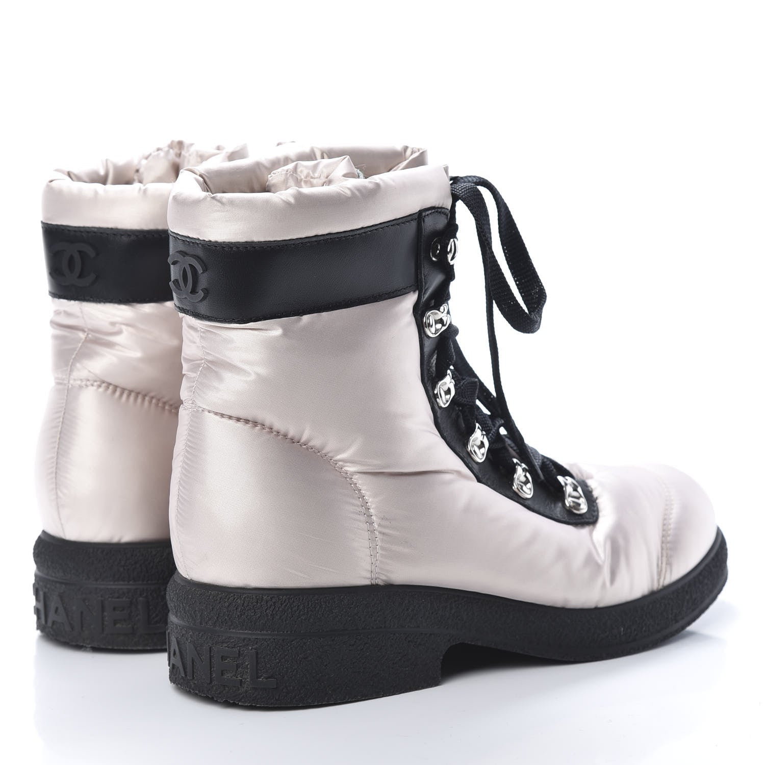 Chanel Nylon Calfskin Womens Coco Neige Short Boots 37.5 Beige Black 4 of 7