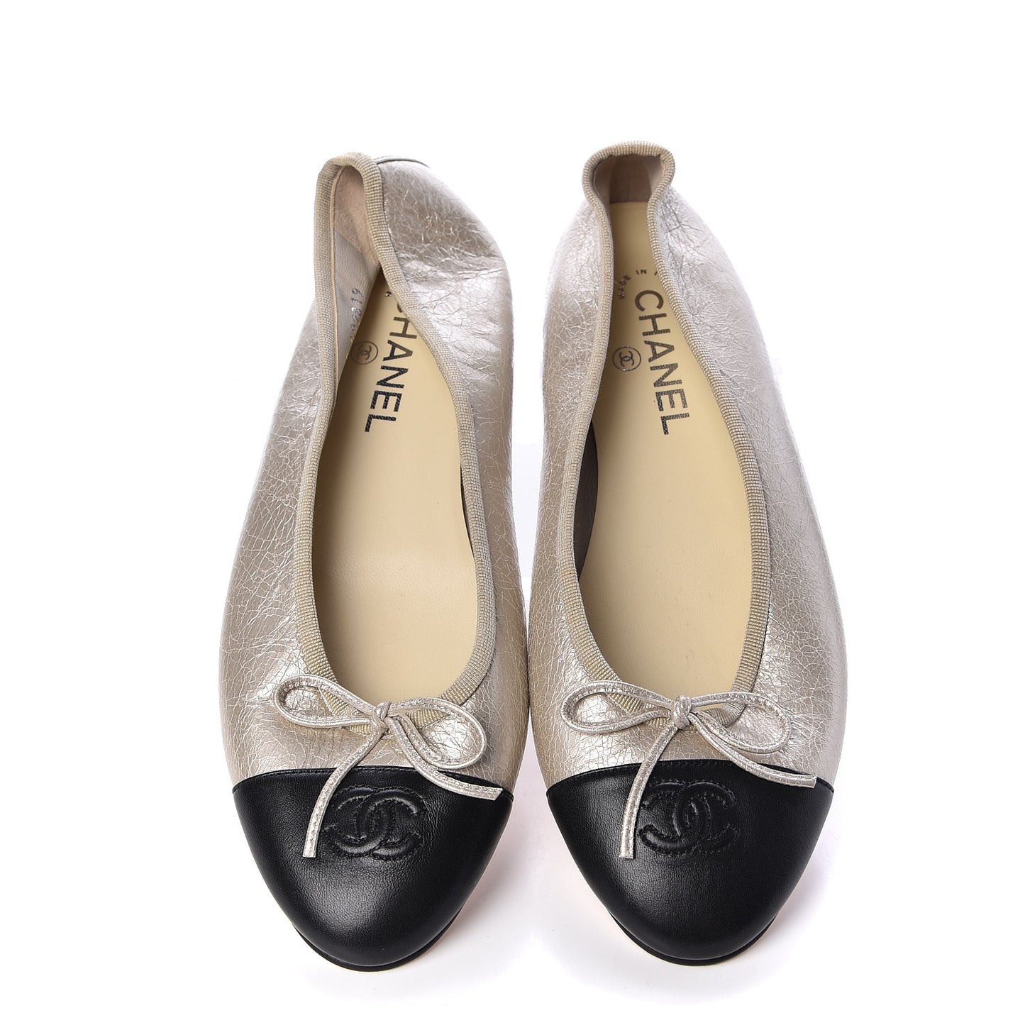 Metallic Calfskin Cap Toe CC Ballerina Flats 40 Silver Black