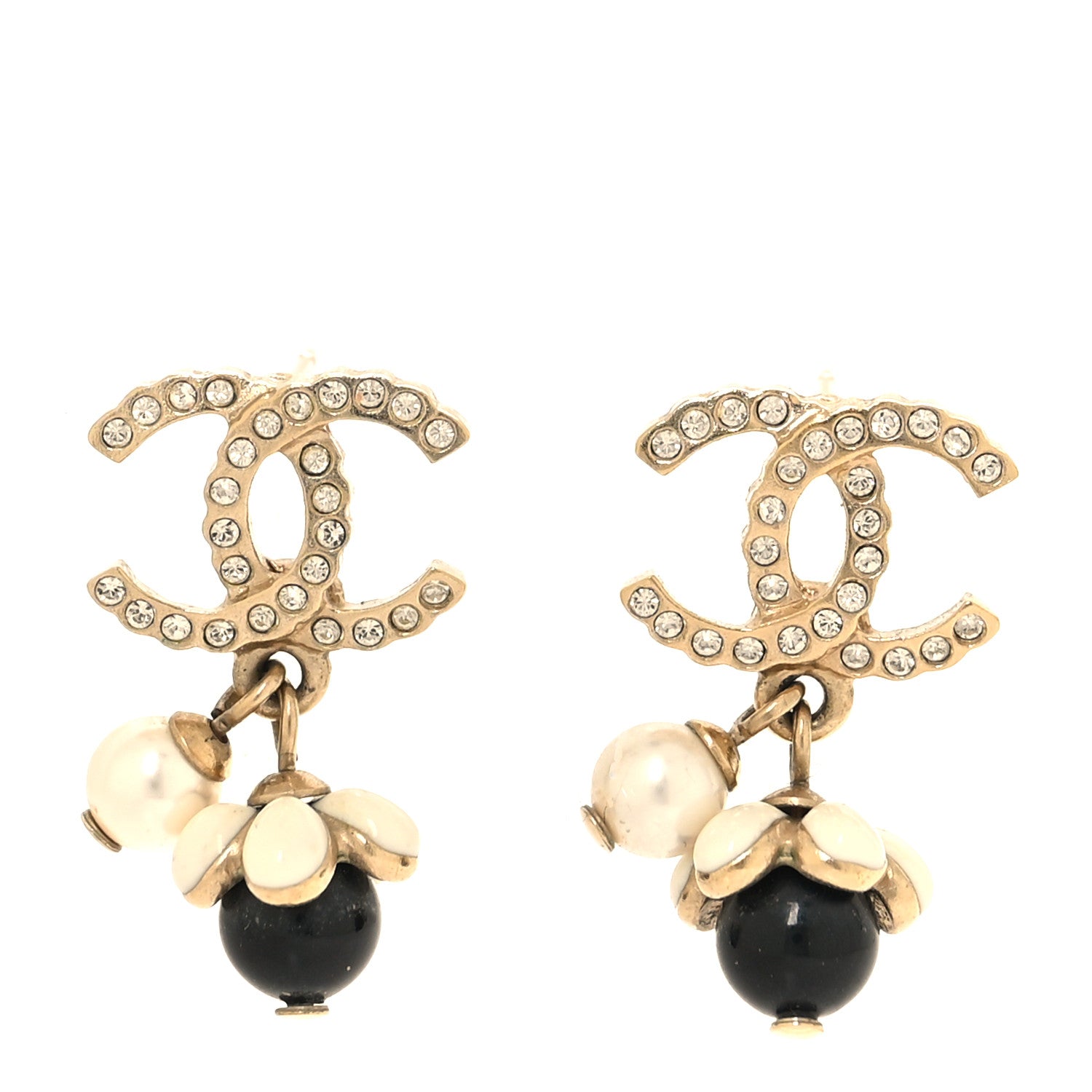 Chanel Crystal Bead Pearl CC Drop Earrings Gold White Black 1 of 5