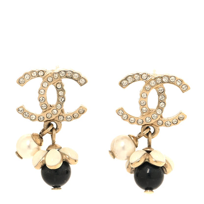 Chanel Crystal Bead Pearl CC Drop Earrings Gold White Black 1 of 5